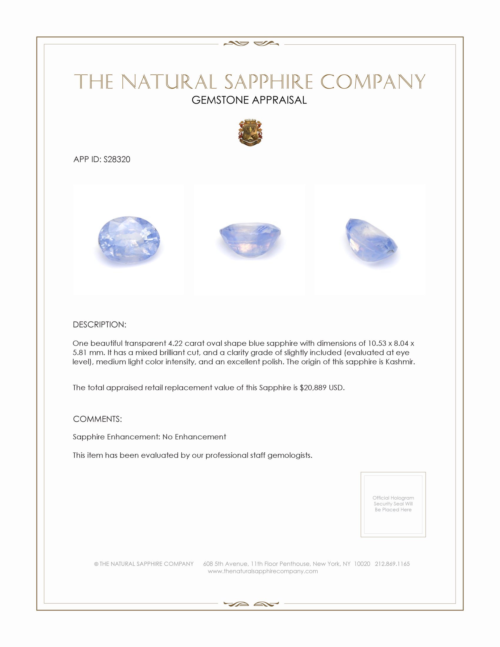 4.22 Ct. Blue Sapphire from Kashmir