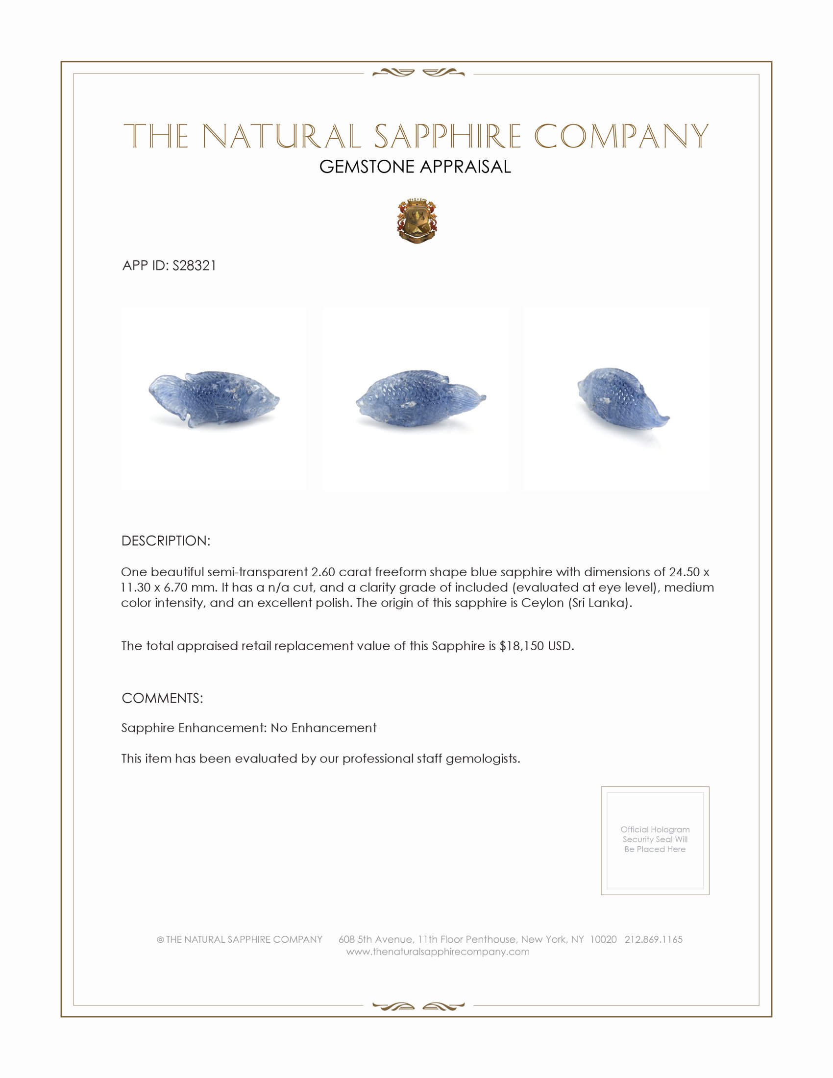 2.60 Ct. Blue Sapphire from Ceylon (Sri Lanka)