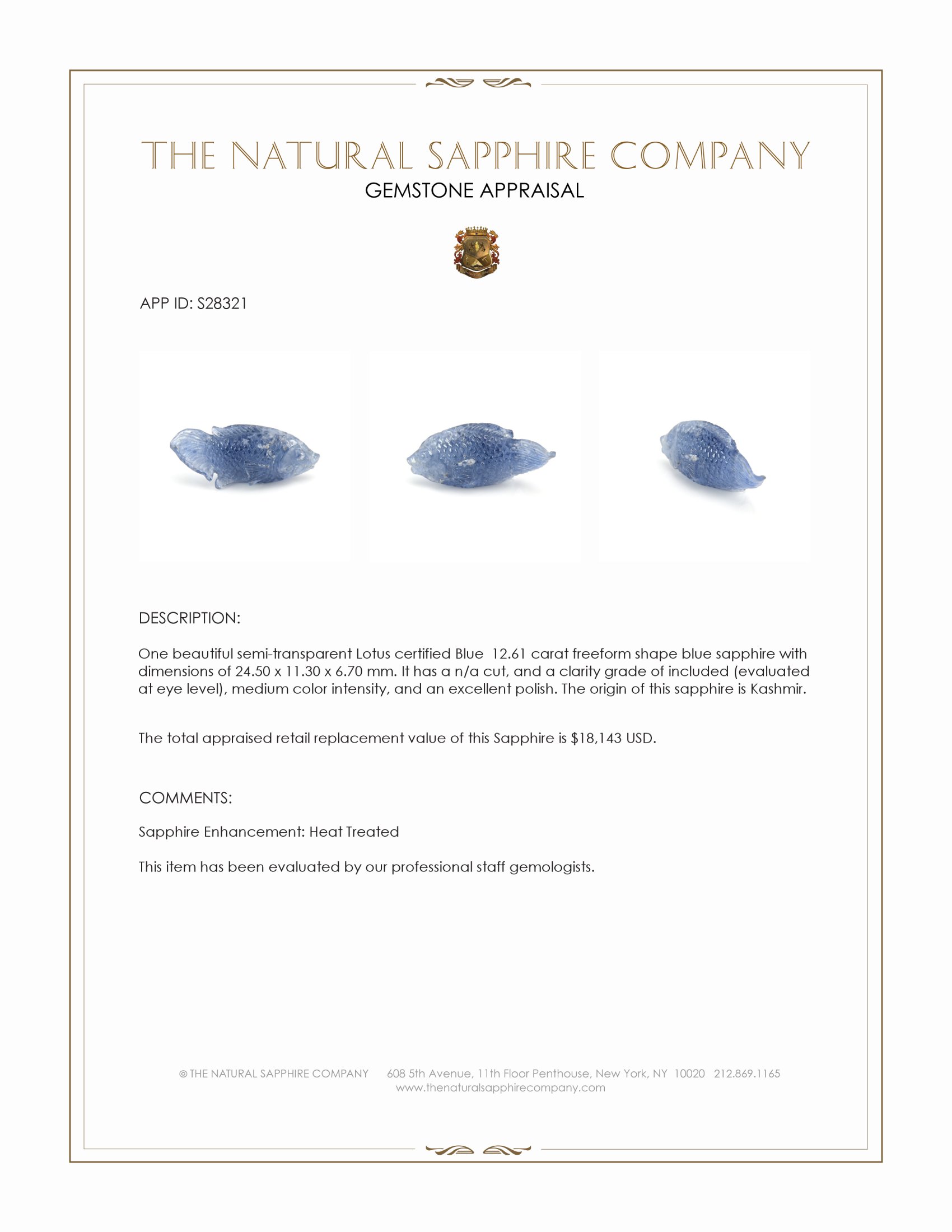 12.61 Ct. Blue Sapphire from Kashmir