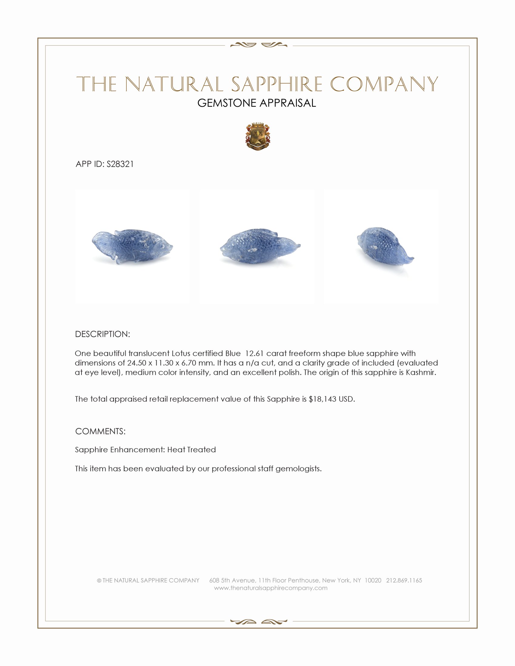 12.61 Ct. Blue Sapphire from Kashmir