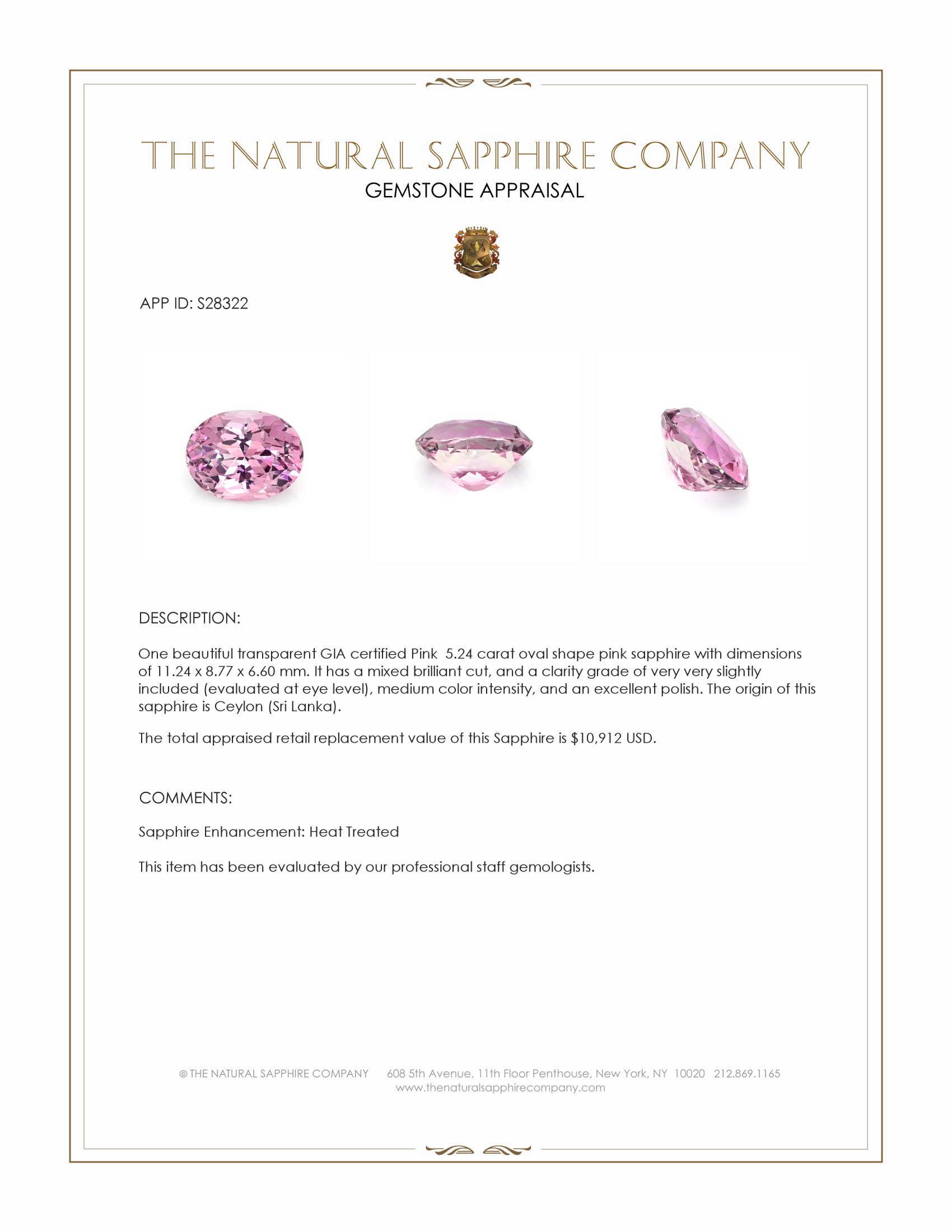5.24 Ct. Pink Sapphire from Ceylon (Sri Lanka)