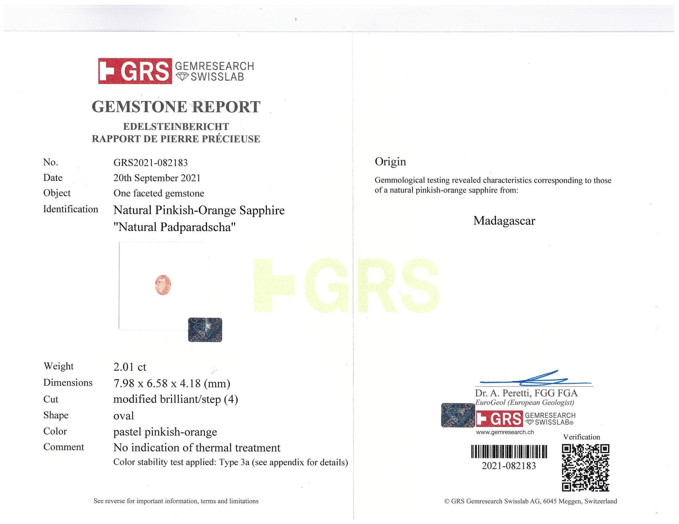 2.01 Ct. Padparadscha Sapphire from Madagascar