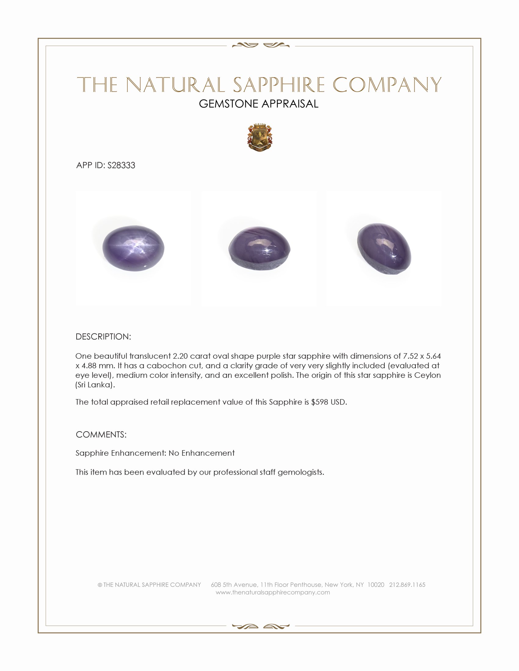 2.20 Ct. Purple Star Sapphire from Ceylon (Sri Lanka)