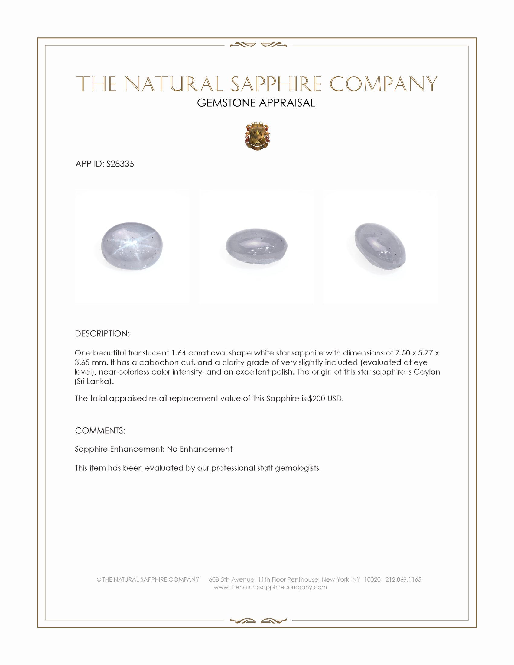 1.64 Ct. White Star Sapphire from Ceylon (Sri Lanka)