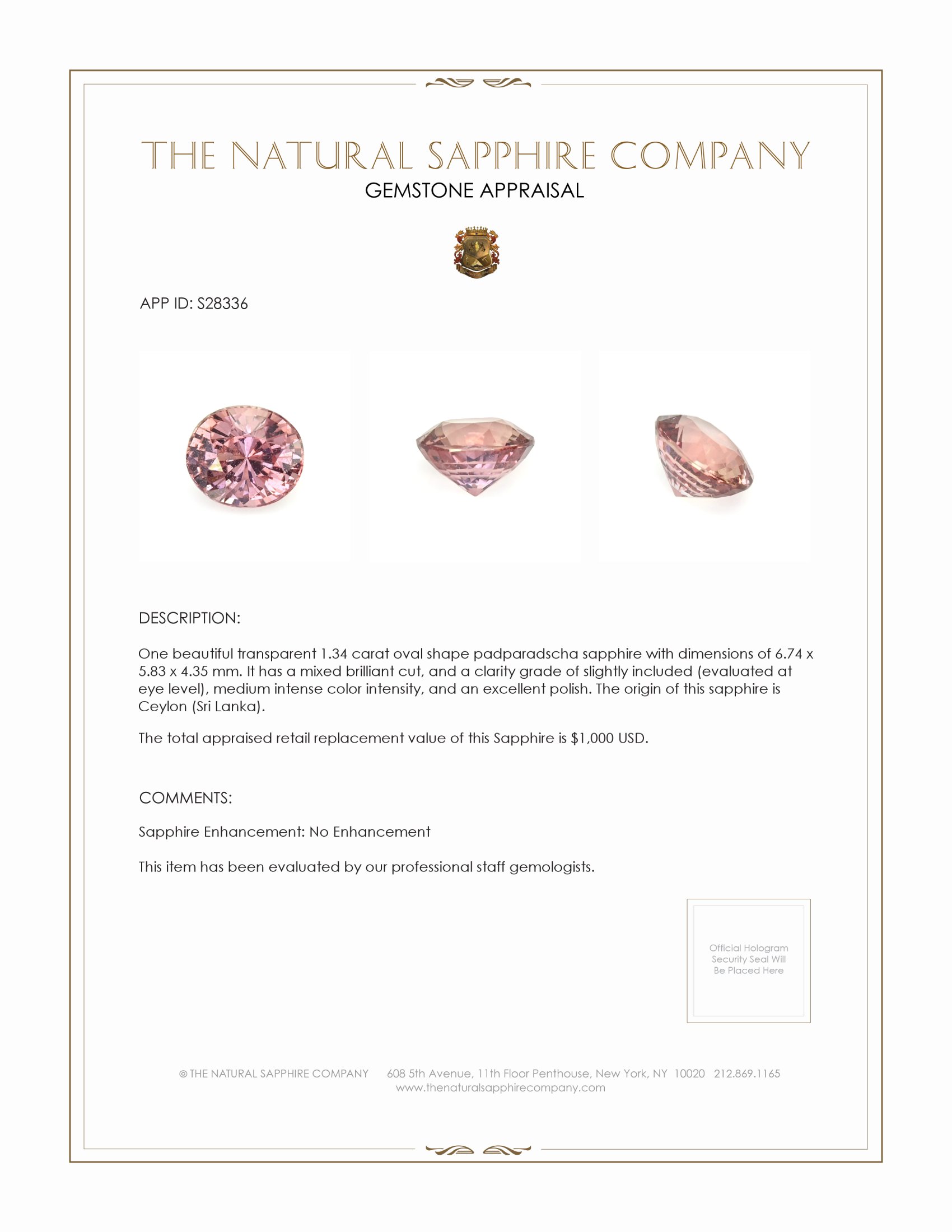 1.34 Ct. Padparadscha Sapphire from Ceylon (Sri Lanka)