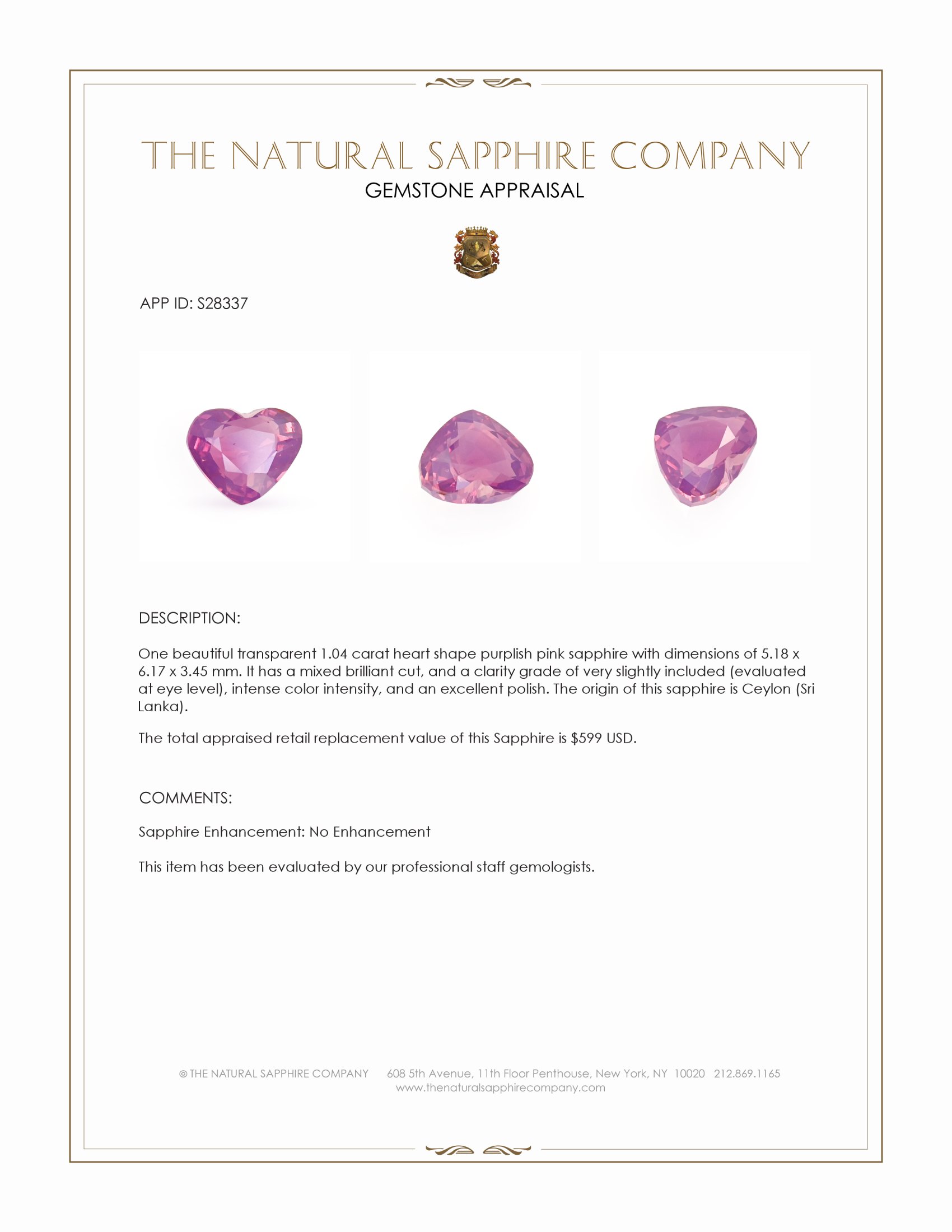 1.04 Ct. Purplish Pink Sapphire from Ceylon (Sri Lanka)
