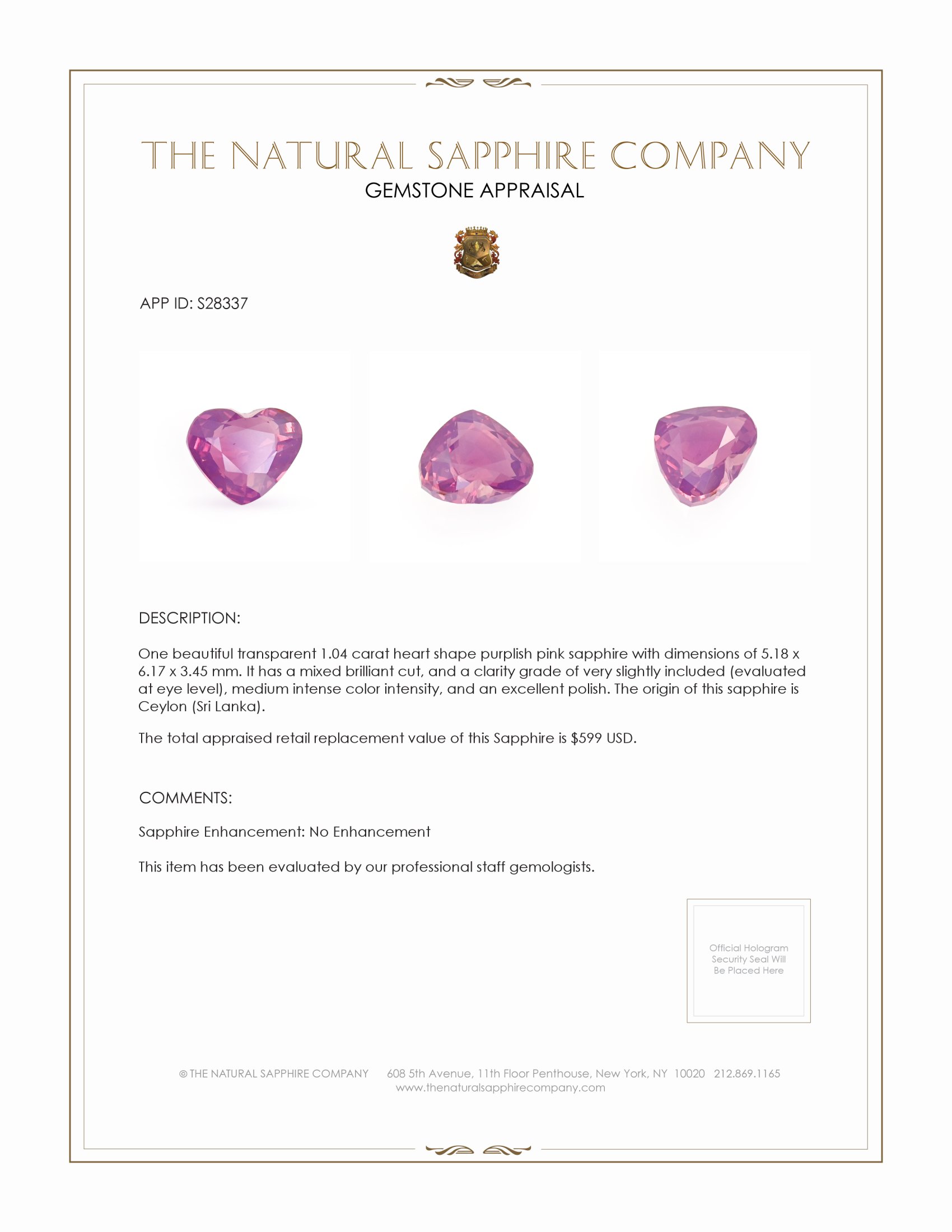 1.04 Ct. Purplish Pink Sapphire from Ceylon (Sri Lanka)