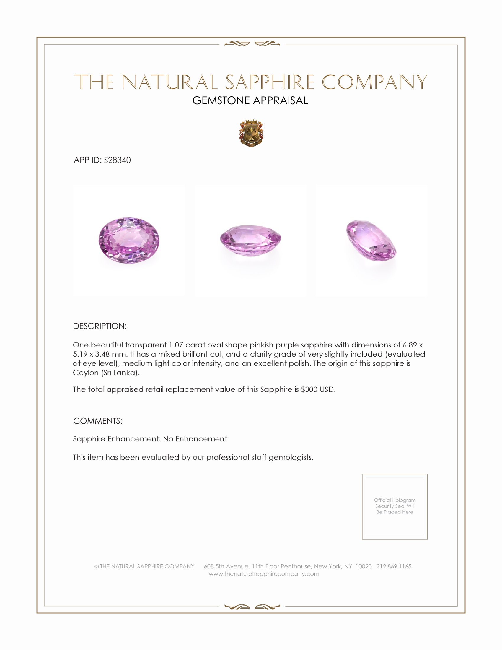 1.07 Ct. Pinkish Purple Sapphire from Ceylon (Sri Lanka)