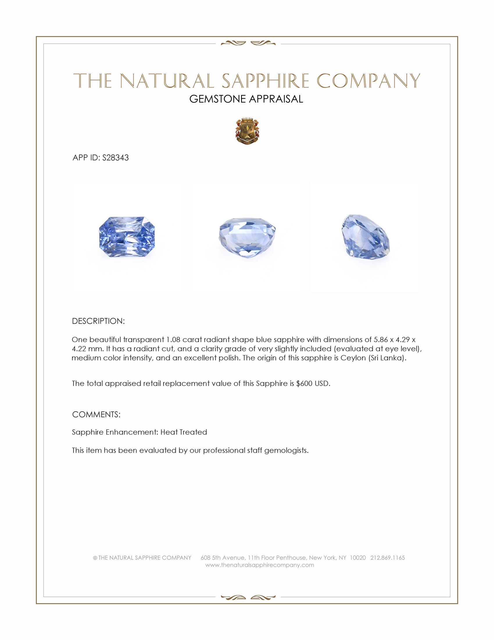 1.08 Ct. Blue Sapphire from Ceylon (Sri Lanka)