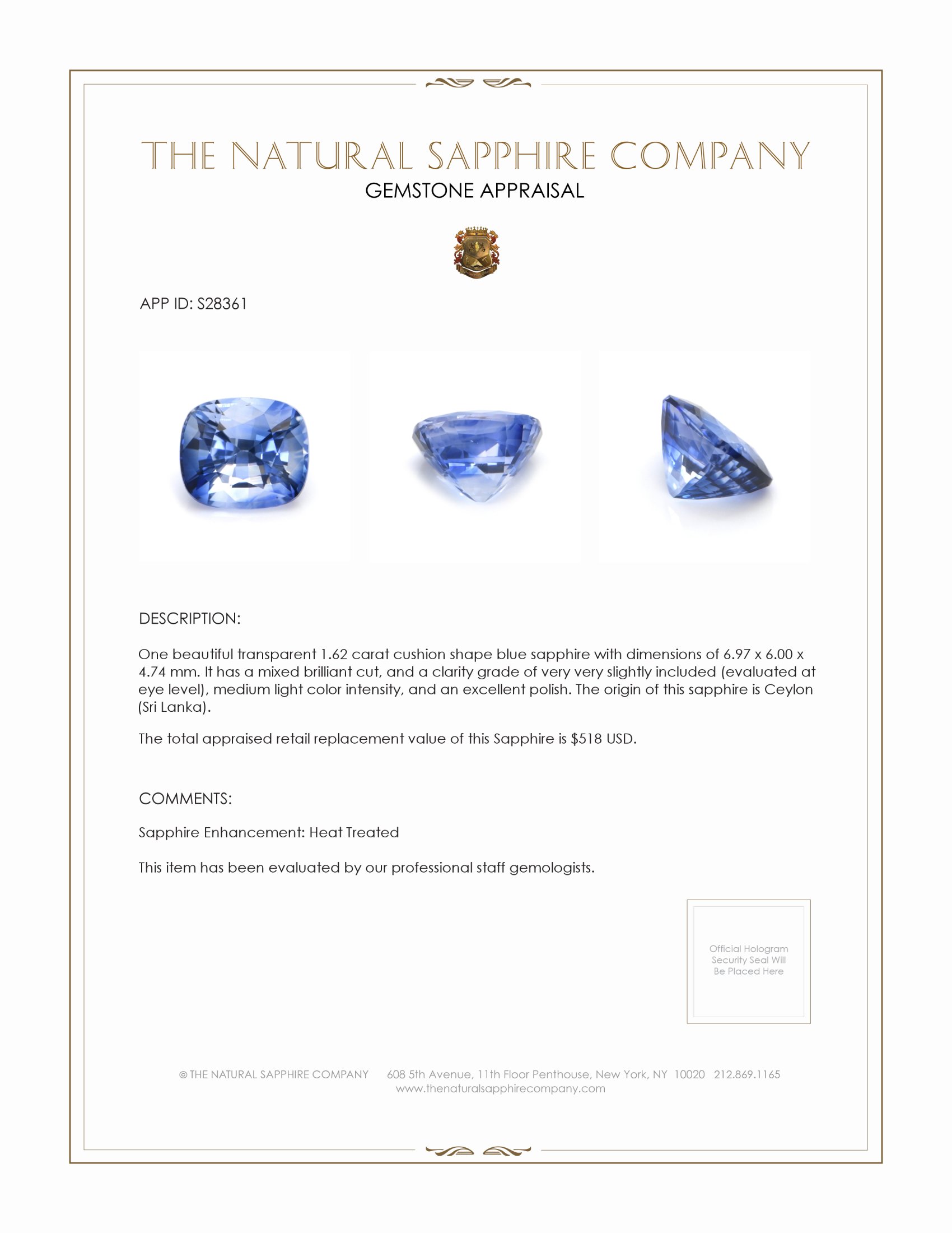 1.62 Ct. Blue Sapphire from Ceylon (Sri Lanka)