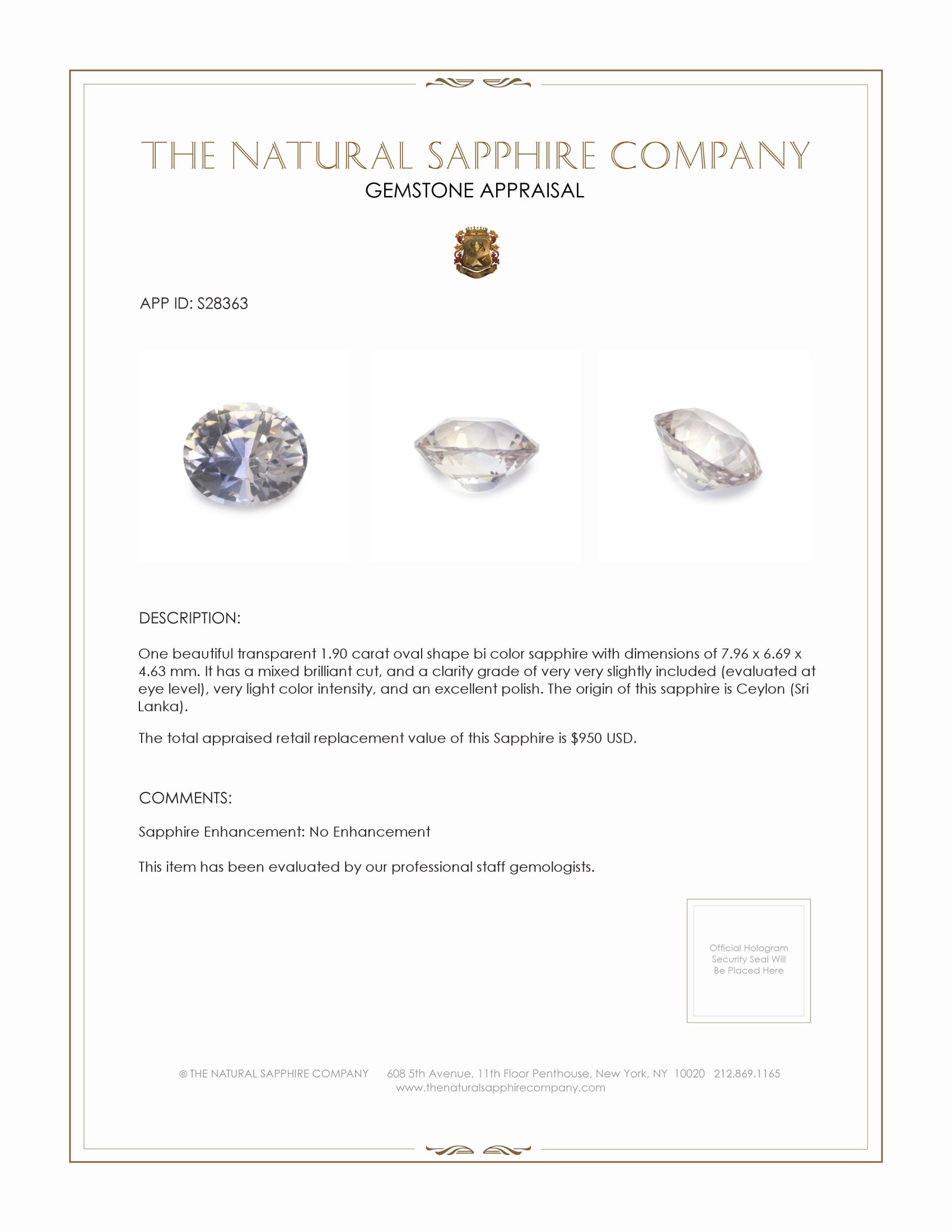 1.90 Ct. Bi Color Sapphire from Ceylon (Sri Lanka)