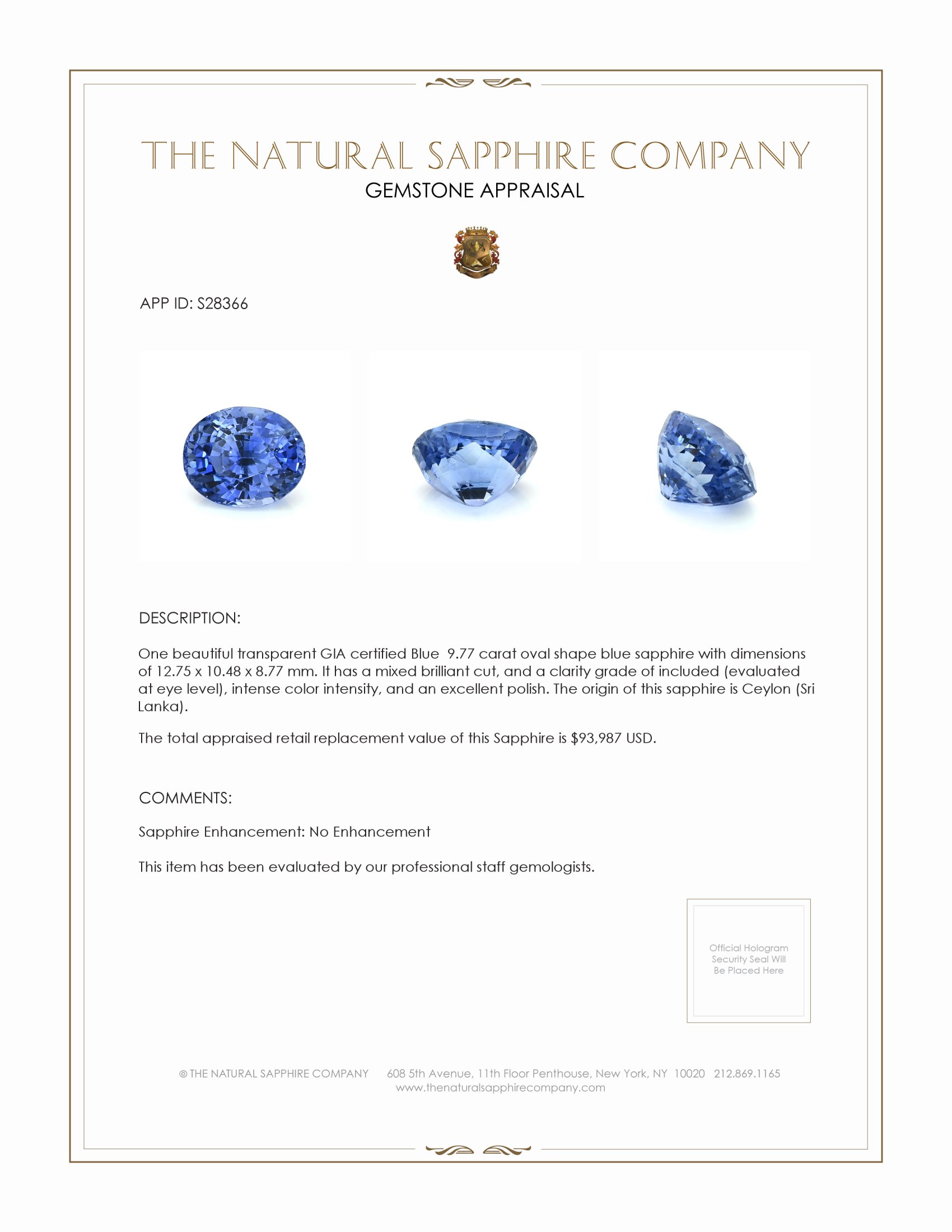 9.77 Ct. Blue Sapphire from Ceylon (Sri Lanka)