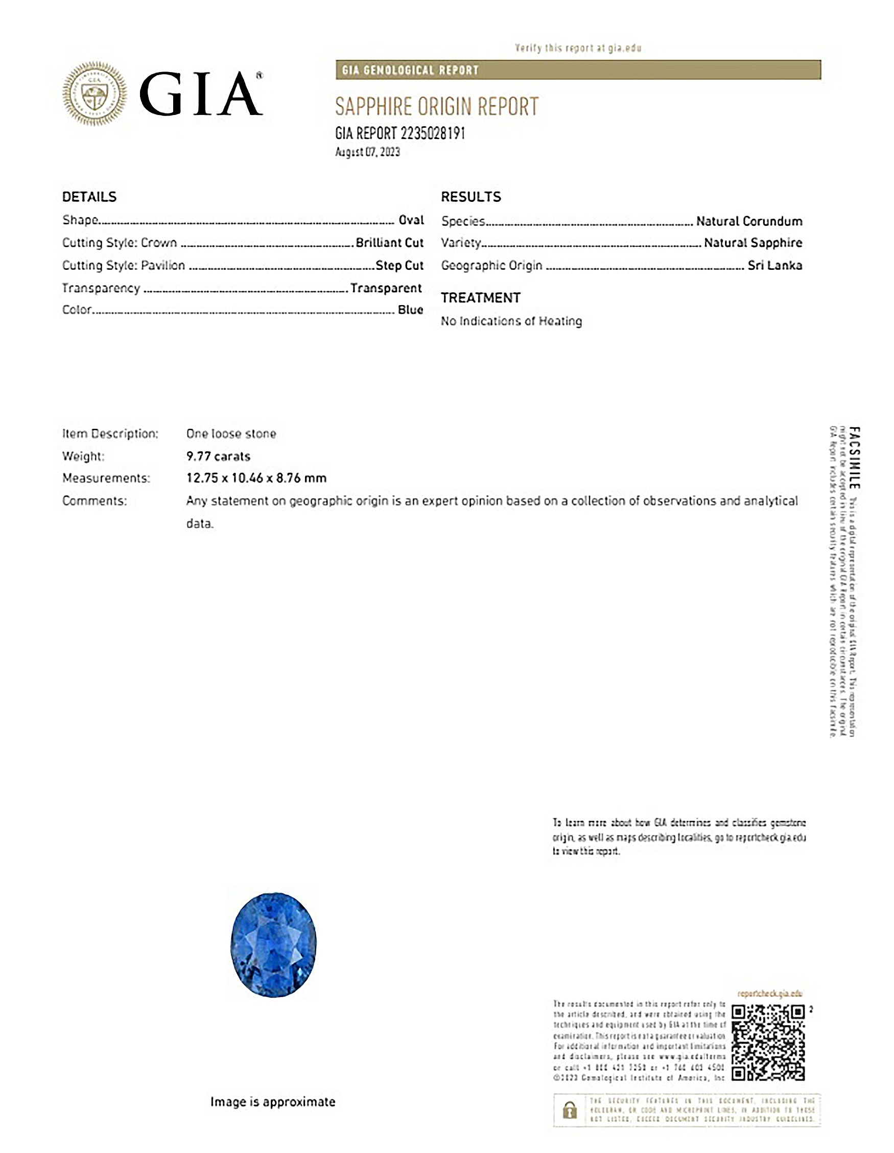 9.77 Ct. Blue Sapphire from Ceylon (Sri Lanka)