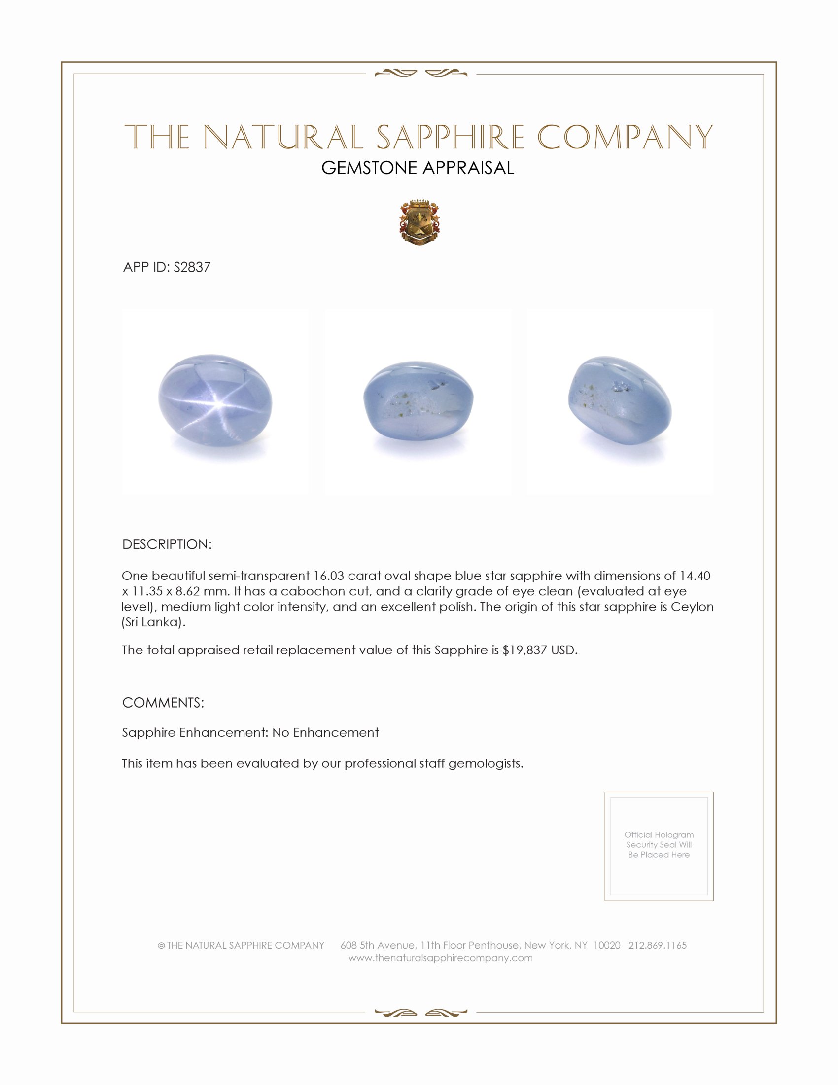 16.03 Ct. Blue Star Sapphire from Ceylon (Sri Lanka)