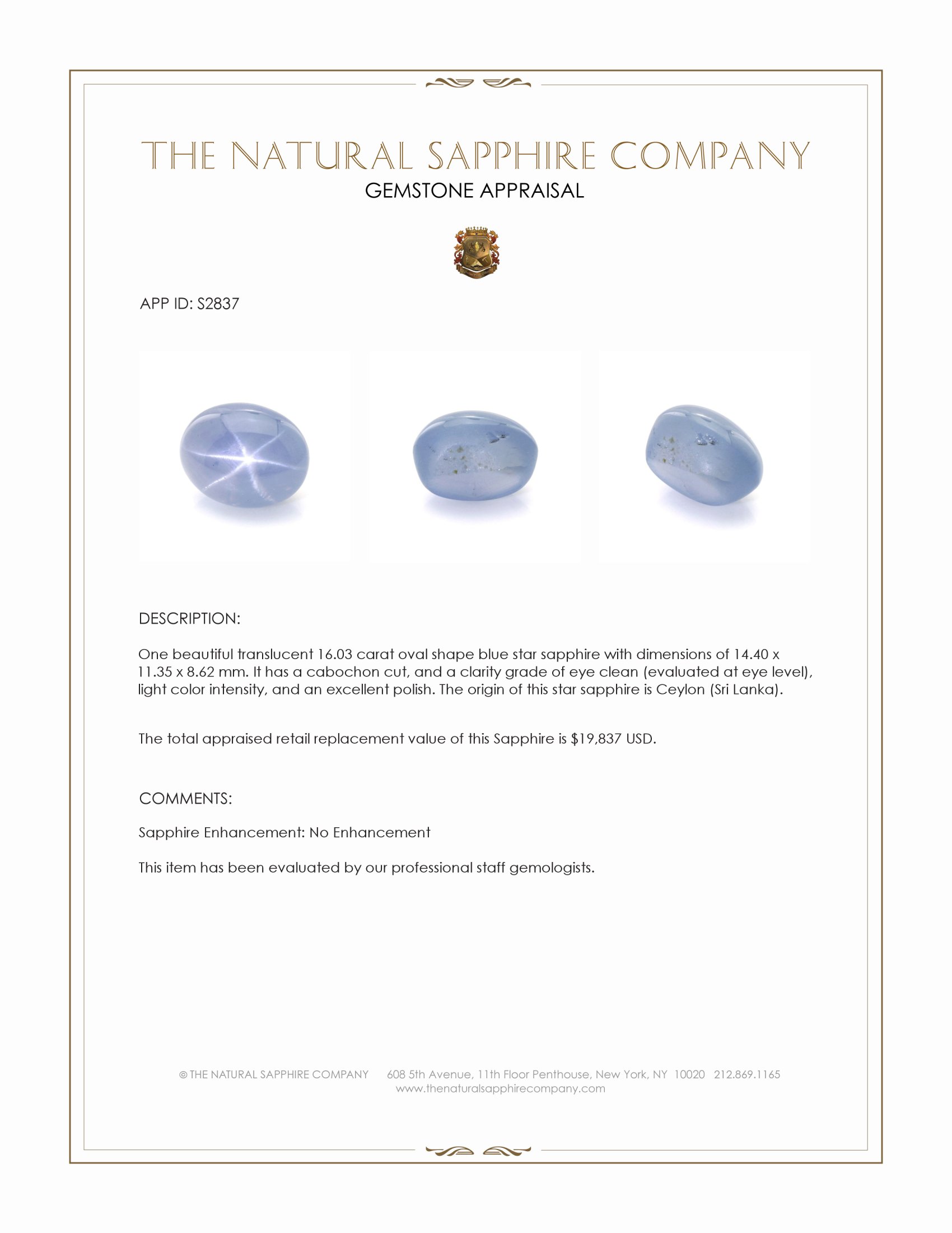 16.03 Ct. Blue Star Sapphire from Ceylon (Sri Lanka)