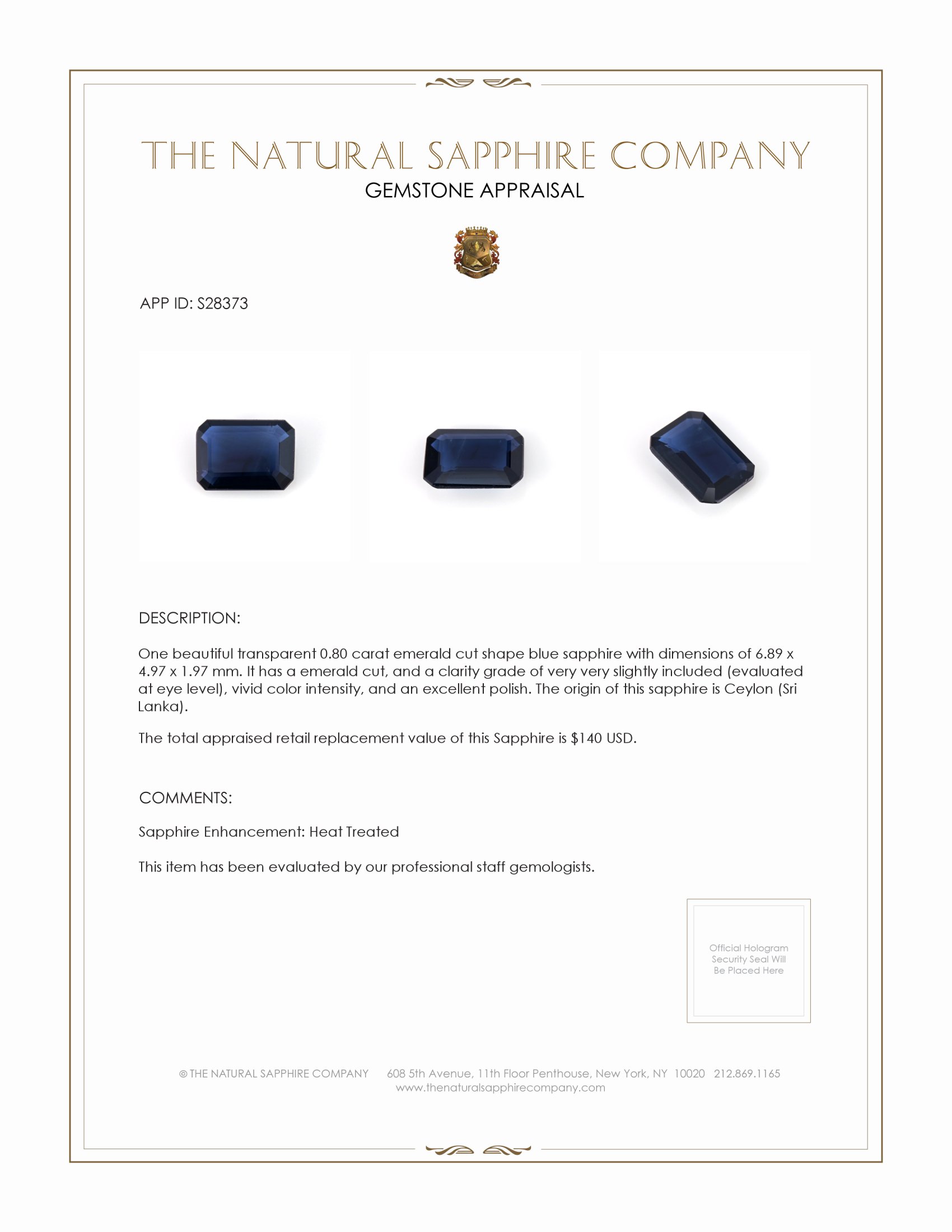 0.80 Ct. Blue Sapphire from Ceylon (Sri Lanka)