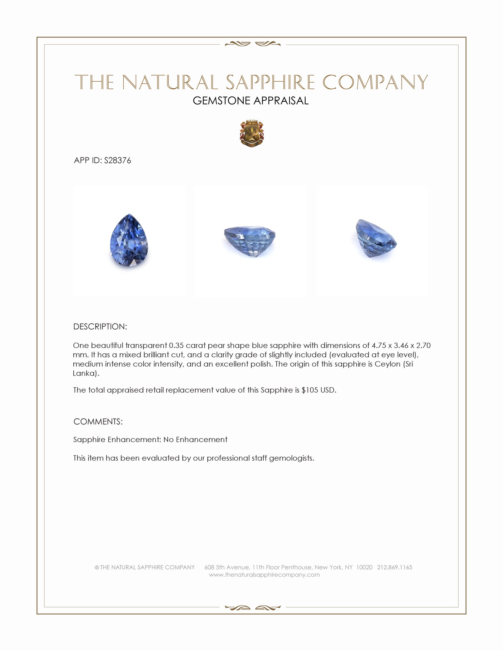 0.35 Ct. Blue Sapphire from Ceylon (Sri Lanka)