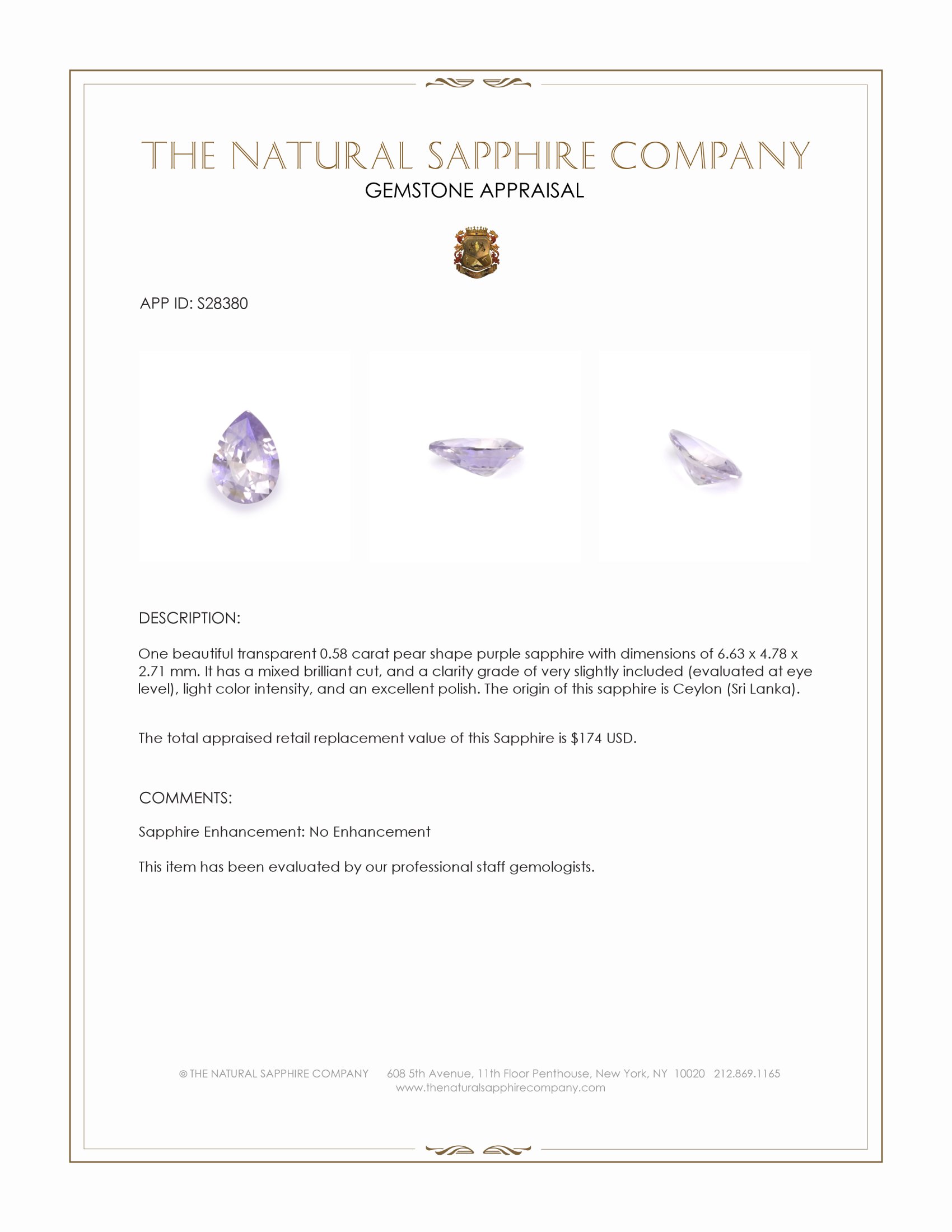 0.58 Ct. Purple Sapphire from Ceylon (Sri Lanka)