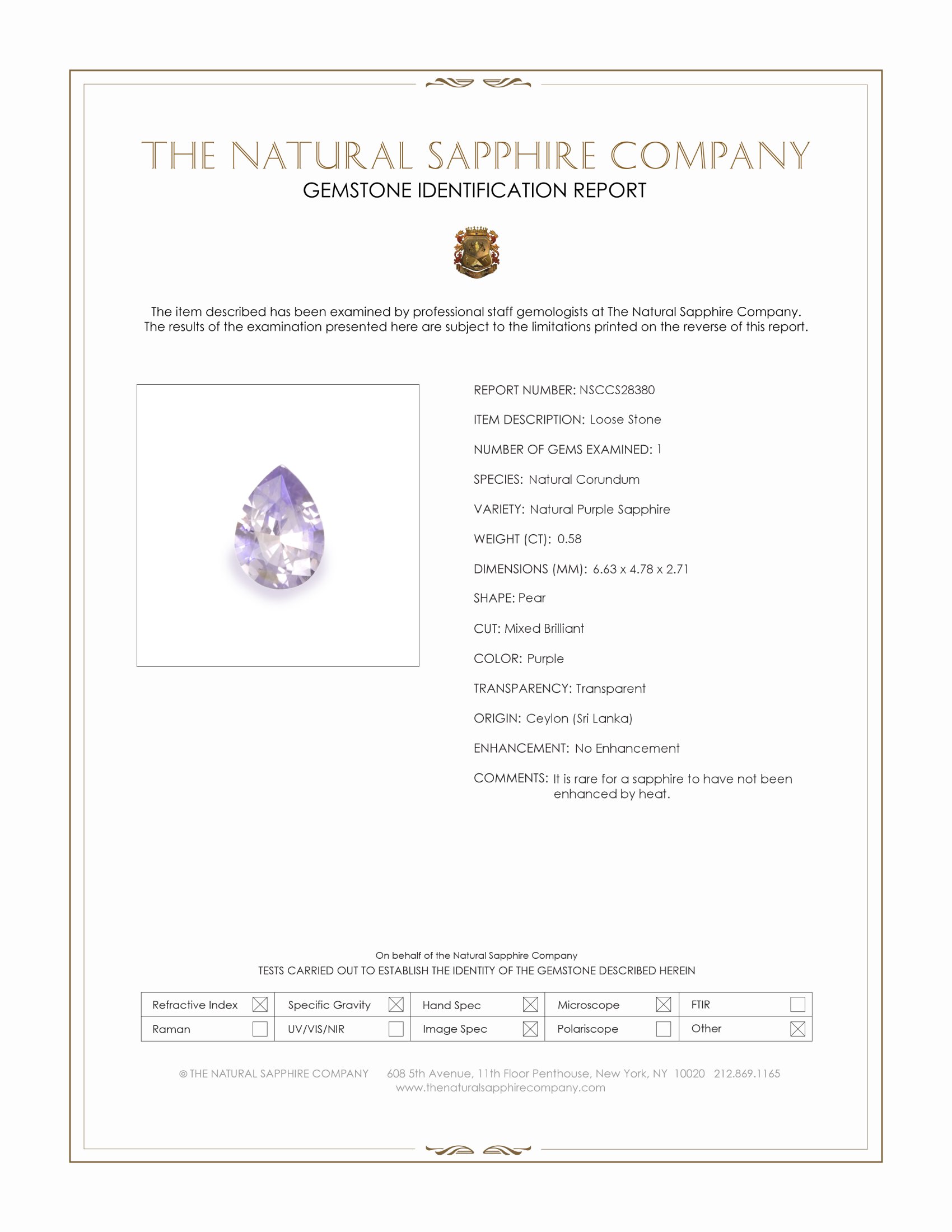 0.58 Ct. Purple Sapphire from Ceylon (Sri Lanka)