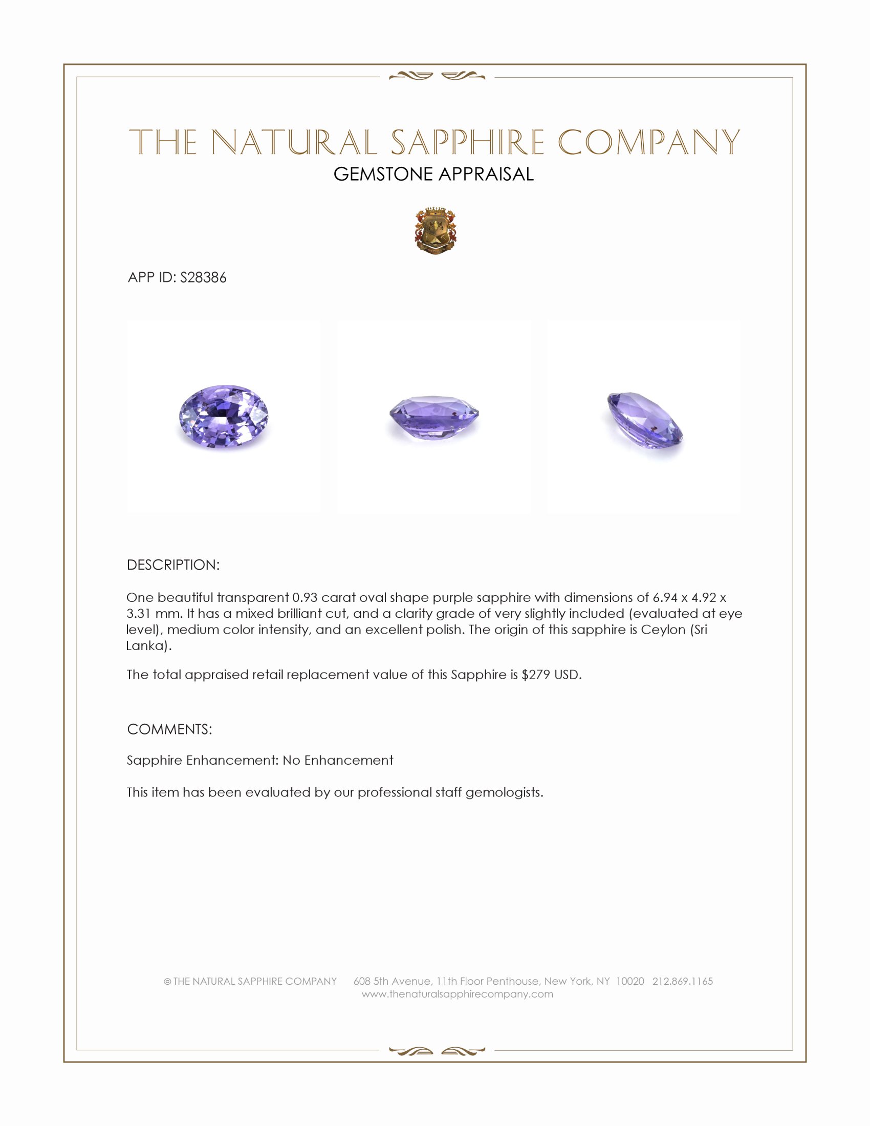 0.93 Ct. Purple Sapphire from Ceylon (Sri Lanka)