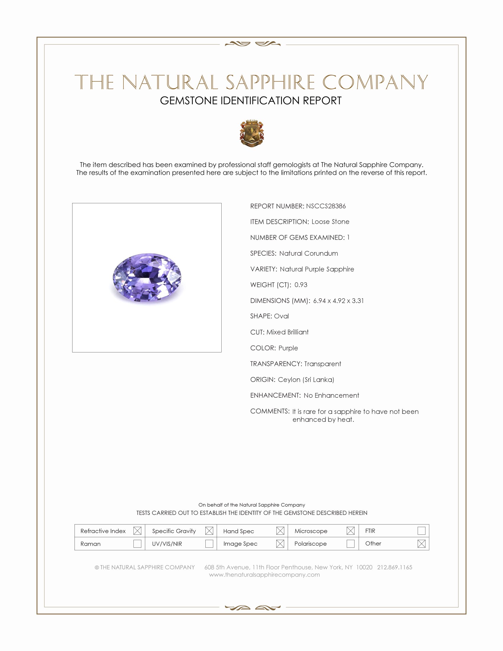 0.93 Ct. Purple Sapphire from Ceylon (Sri Lanka)