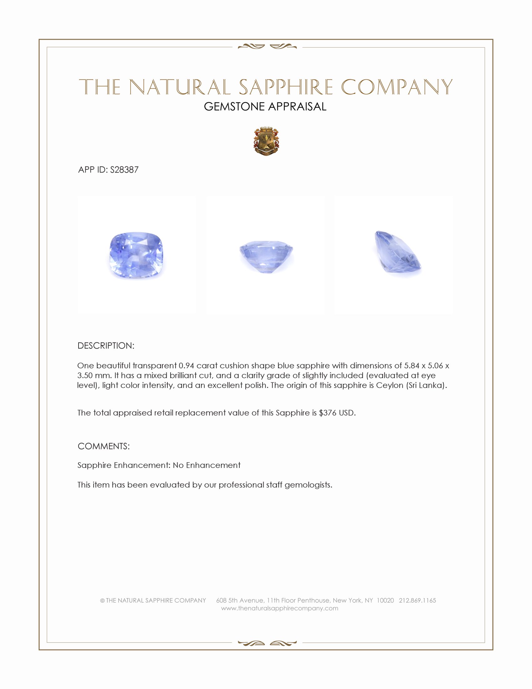 0.94 Ct. Blue Sapphire from Ceylon (Sri Lanka)