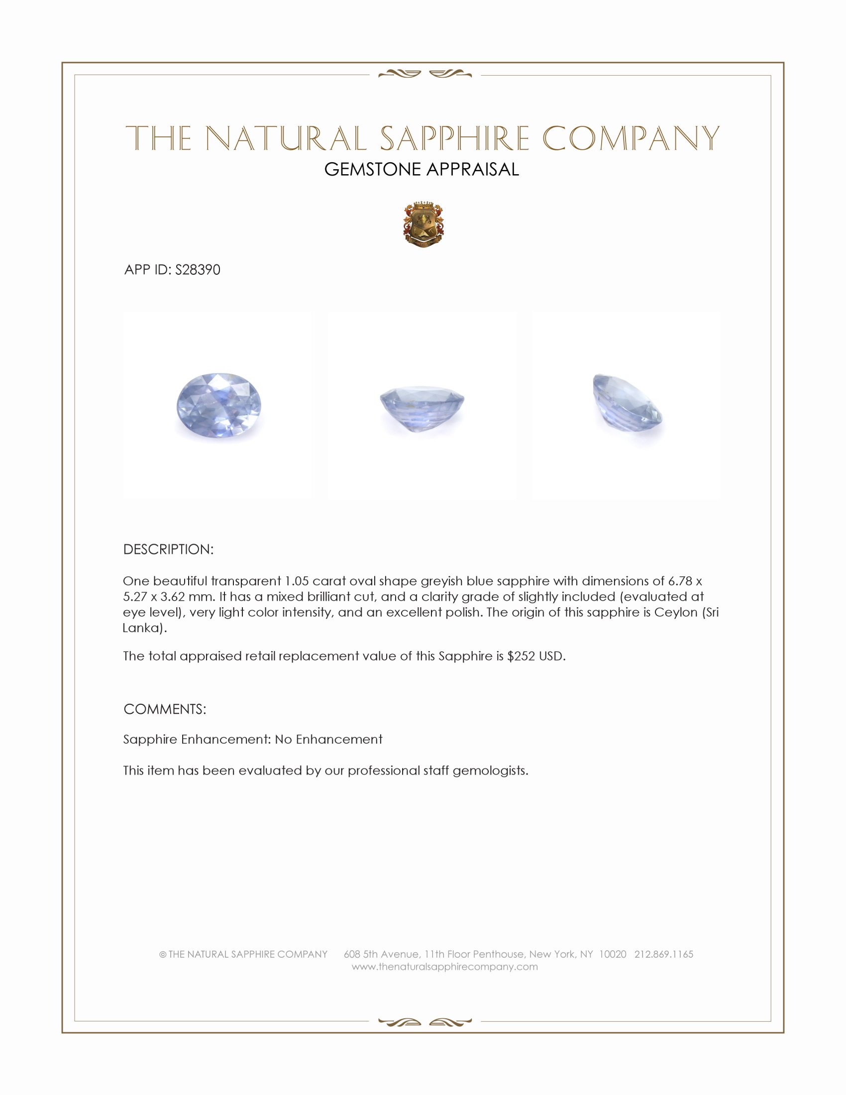 1.05 Ct. Greyish Blue Sapphire from Ceylon (Sri Lanka)