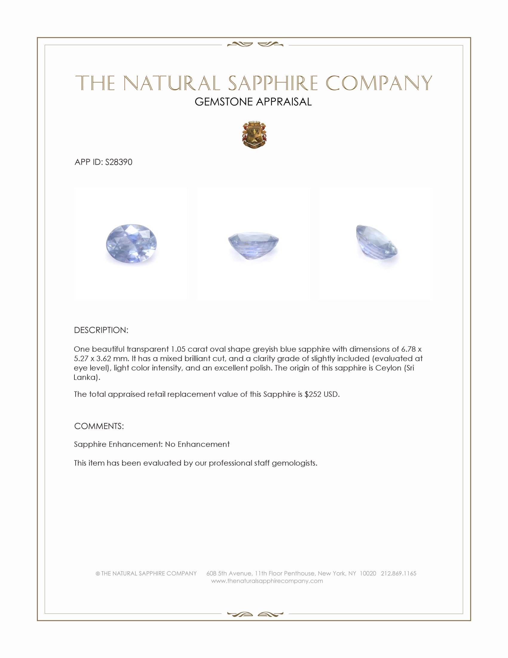 1.05 Ct. Greyish Blue Sapphire from Ceylon (Sri Lanka)