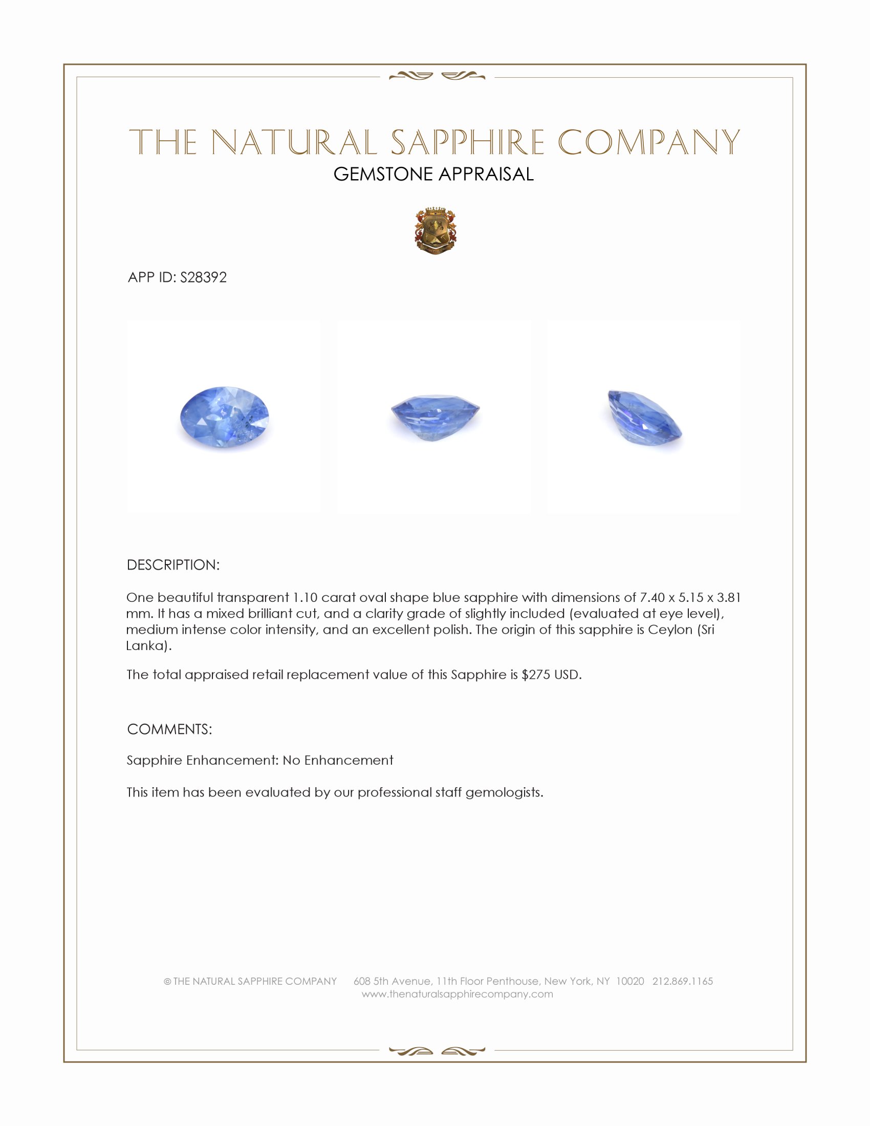 1.10 Ct. Blue Sapphire from Ceylon (Sri Lanka)