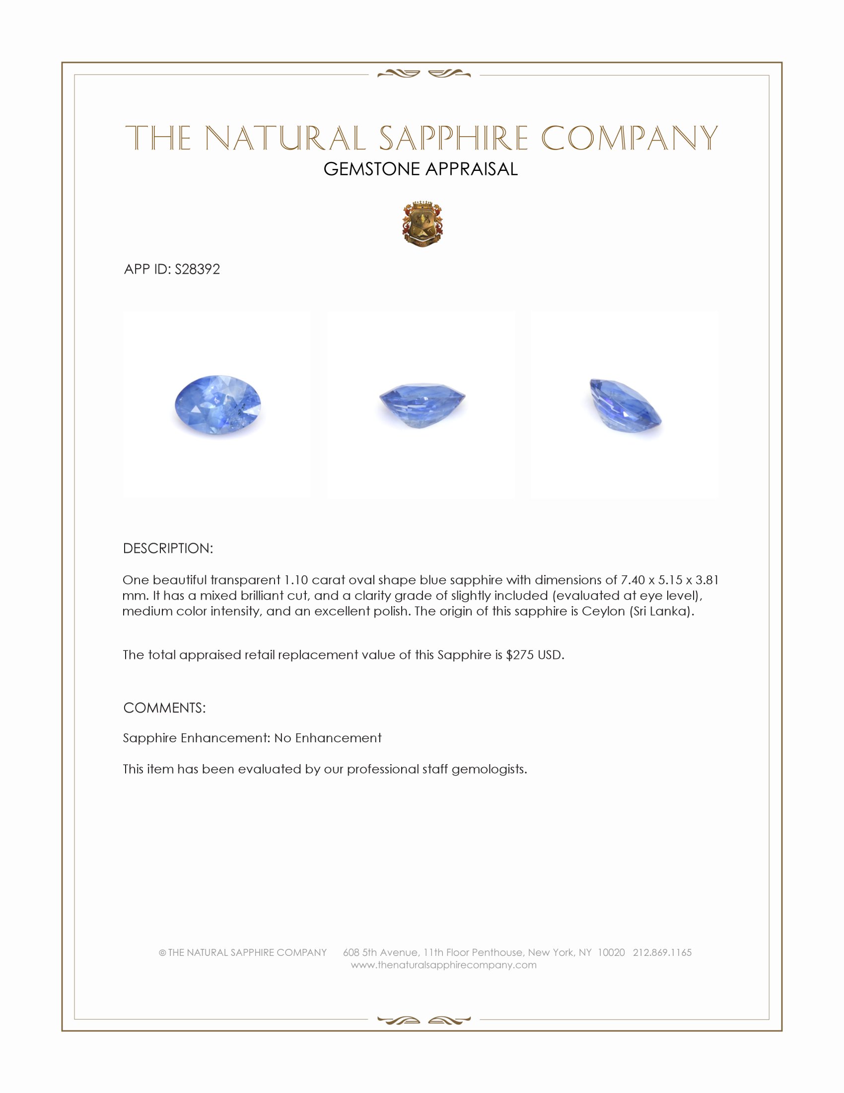 1.10 Ct. Blue Sapphire from Ceylon (Sri Lanka)