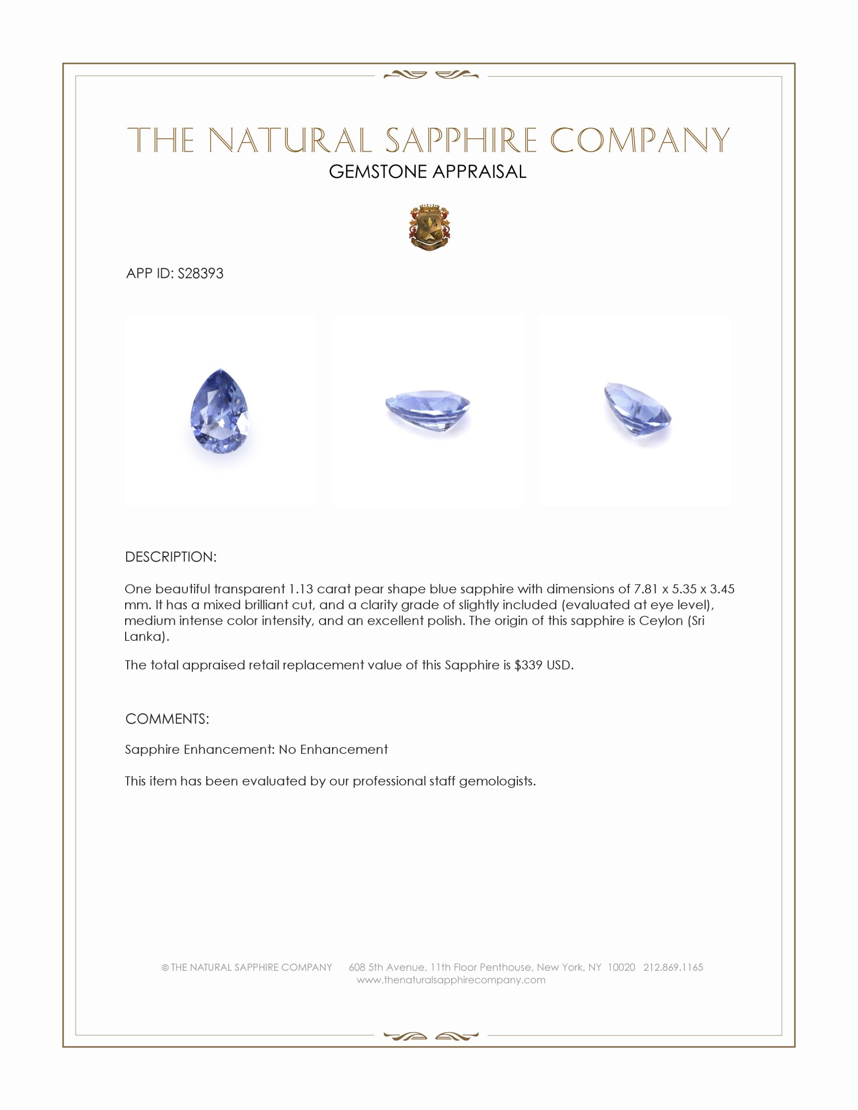 1.13 Ct. Blue Sapphire from Ceylon (Sri Lanka)
