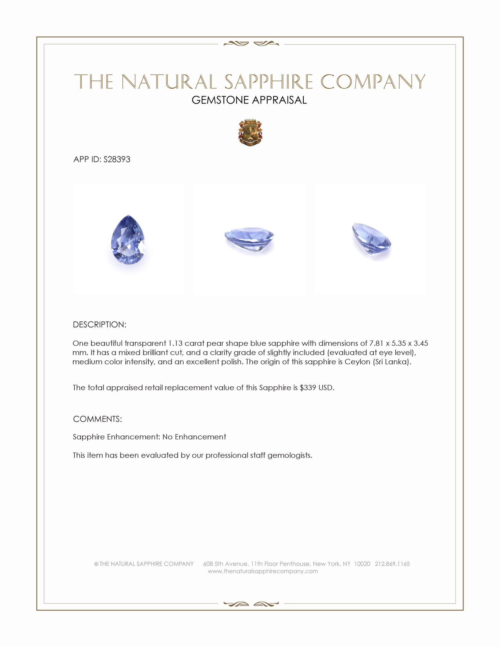 1.13 Ct. Blue Sapphire from Ceylon (Sri Lanka)