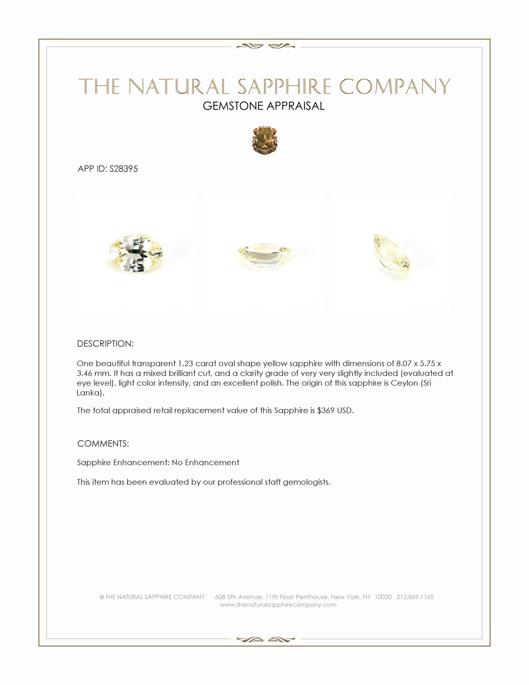 1.23 Ct. Yellow Sapphire from Ceylon (Sri Lanka)