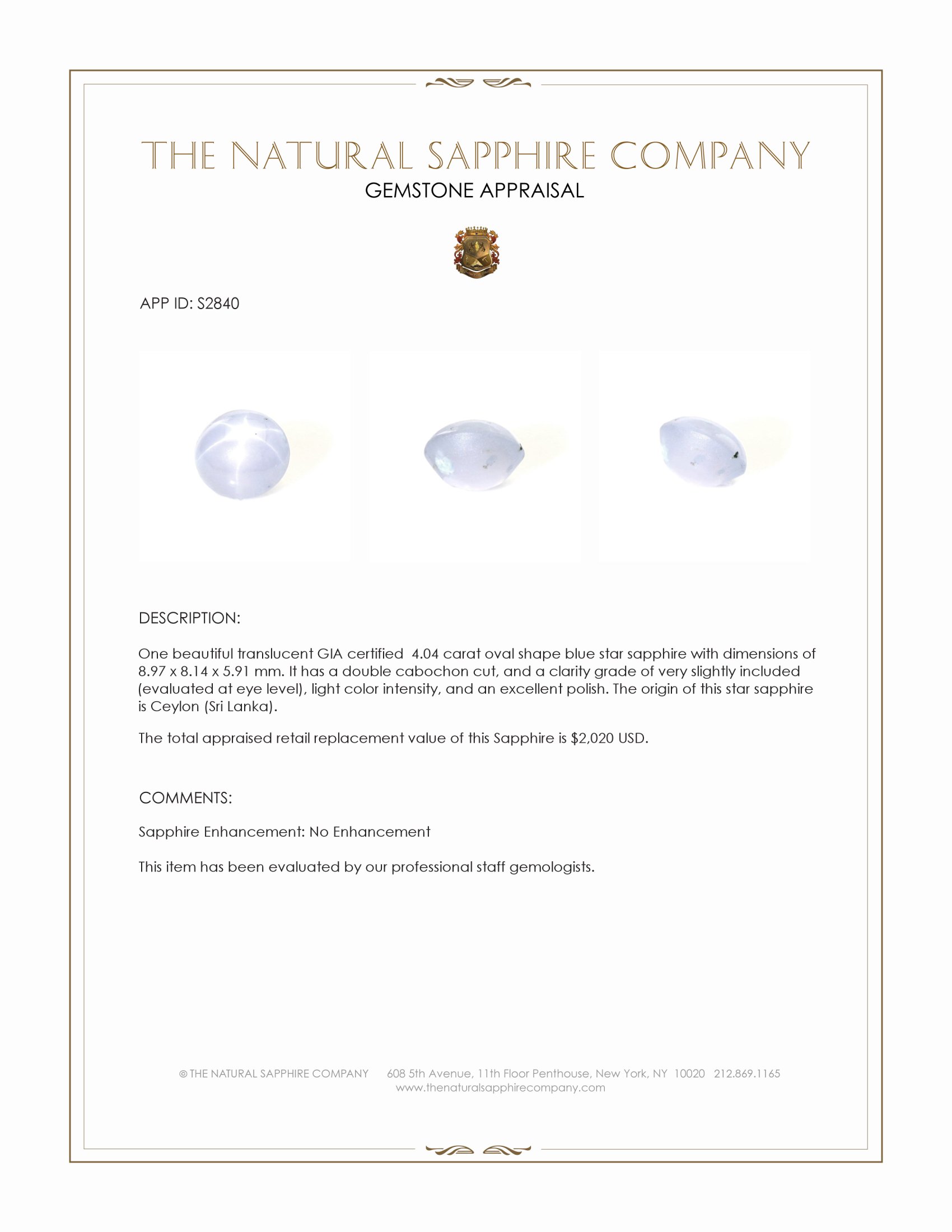 4.04 Ct. Blue Star Sapphire from Ceylon (Sri Lanka)