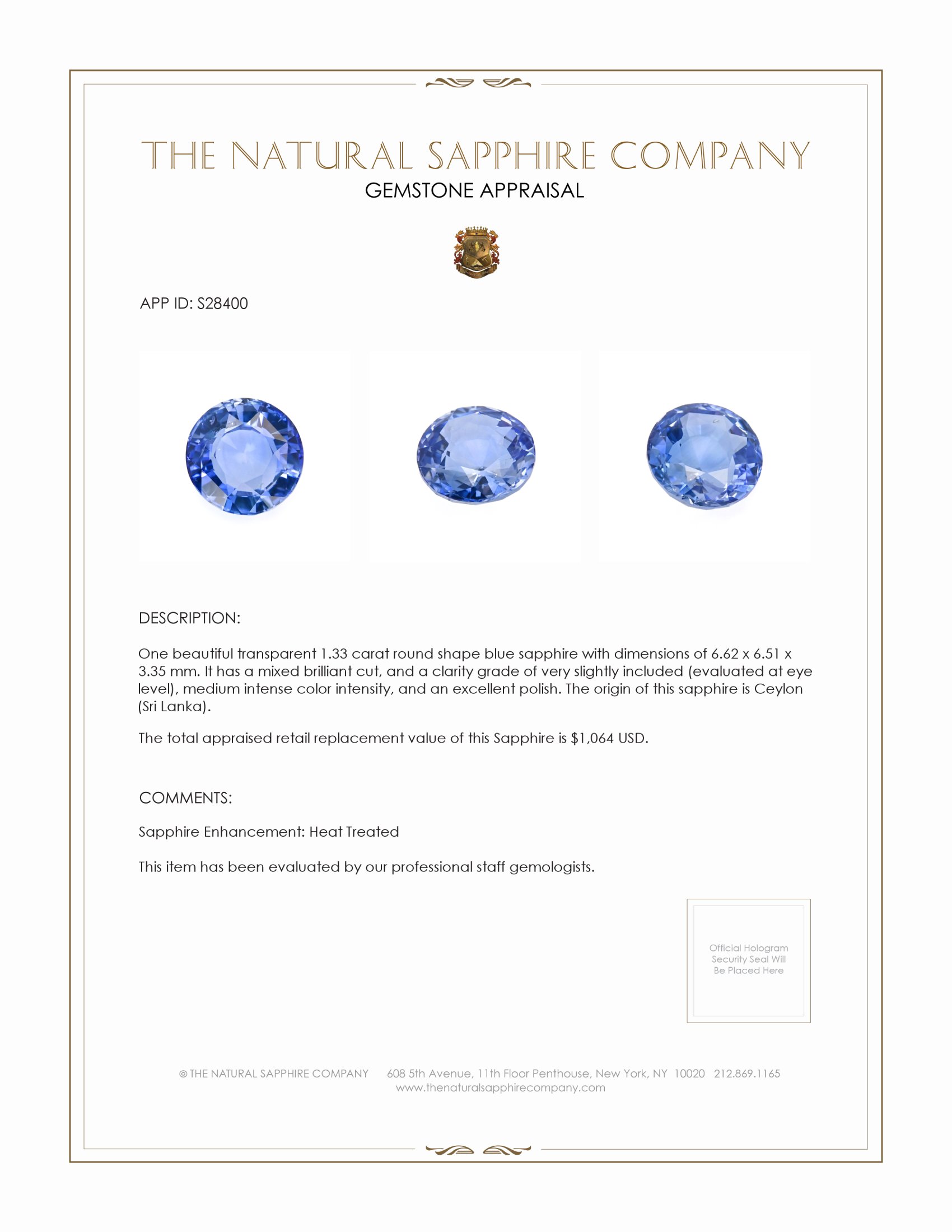 1.33 Ct. Blue Sapphire from Ceylon (Sri Lanka)