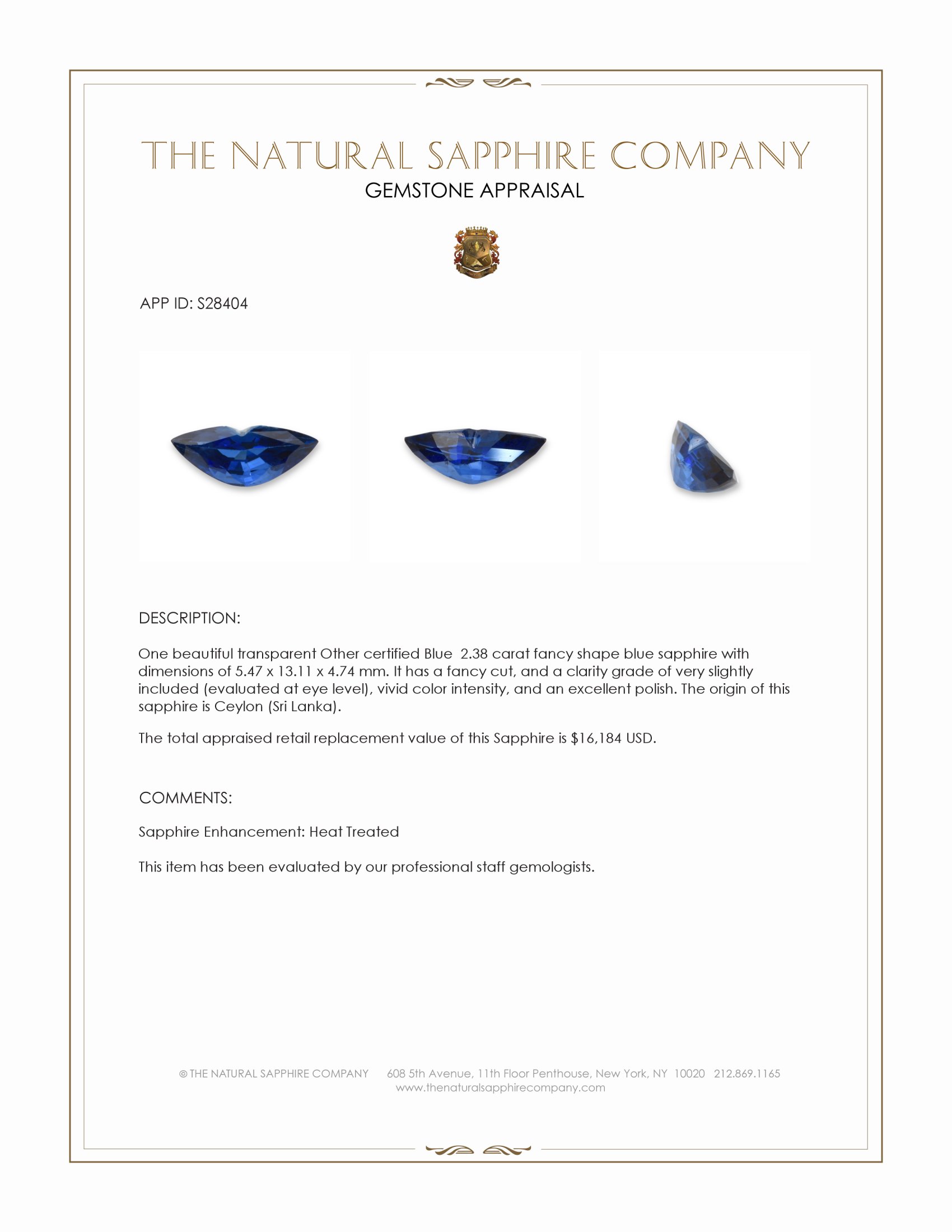 2.38 Ct. Blue Sapphire from Ceylon (Sri Lanka)