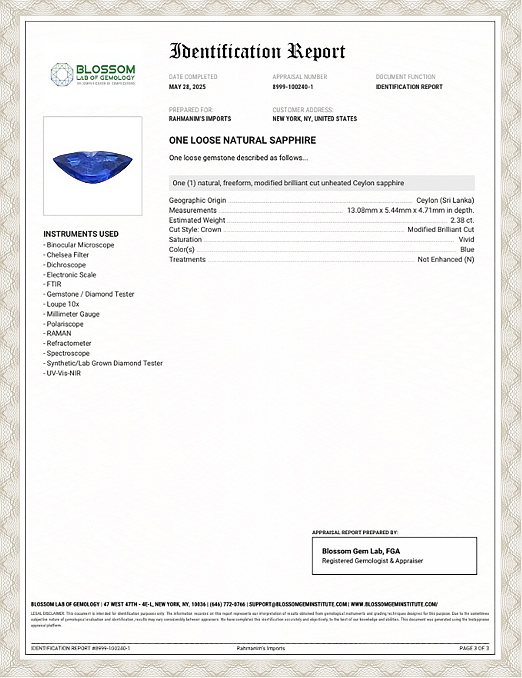 2.38 Ct. Blue Sapphire from Ceylon (Sri Lanka)