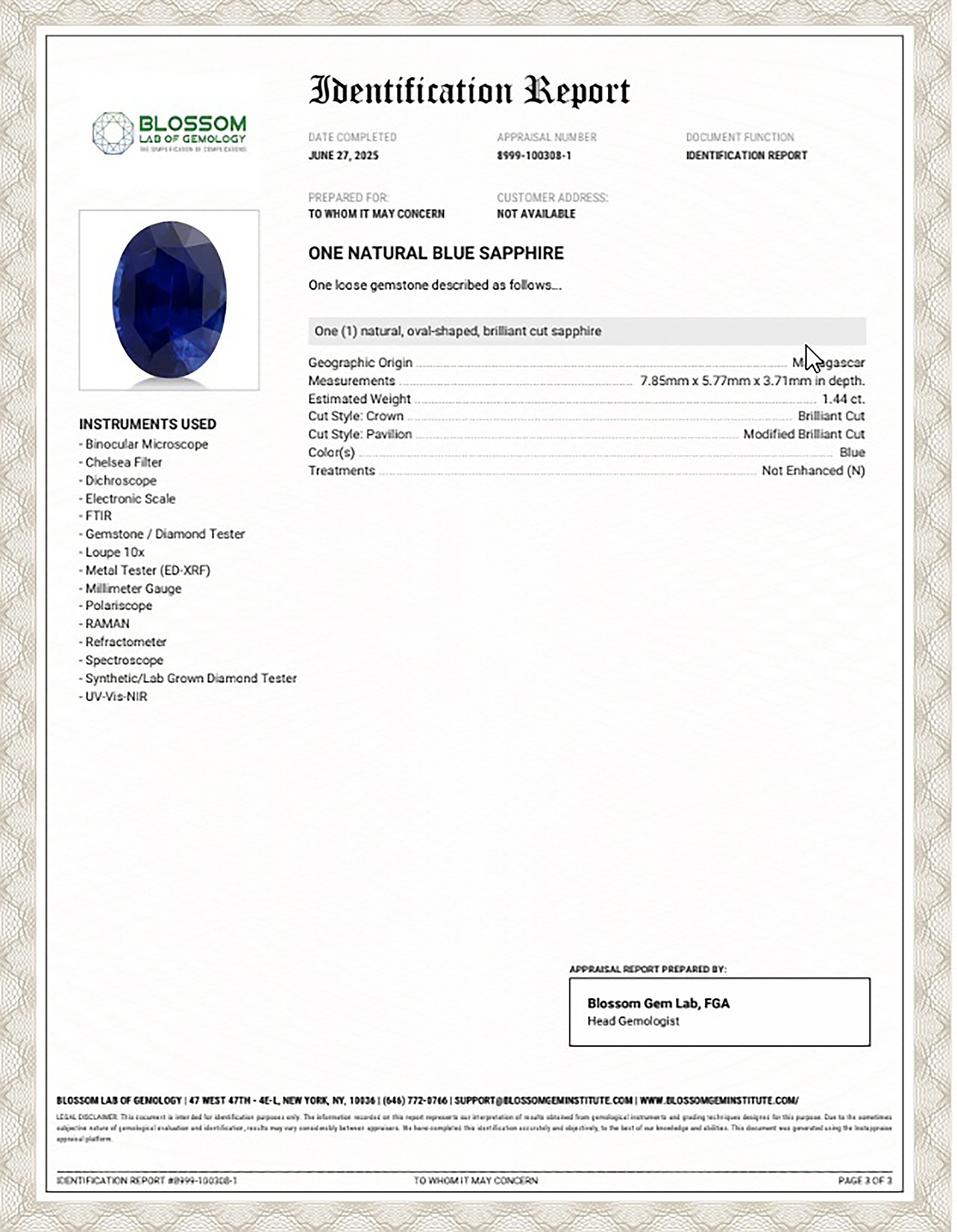 1.44 Ct. Blue Sapphire from Madagascar