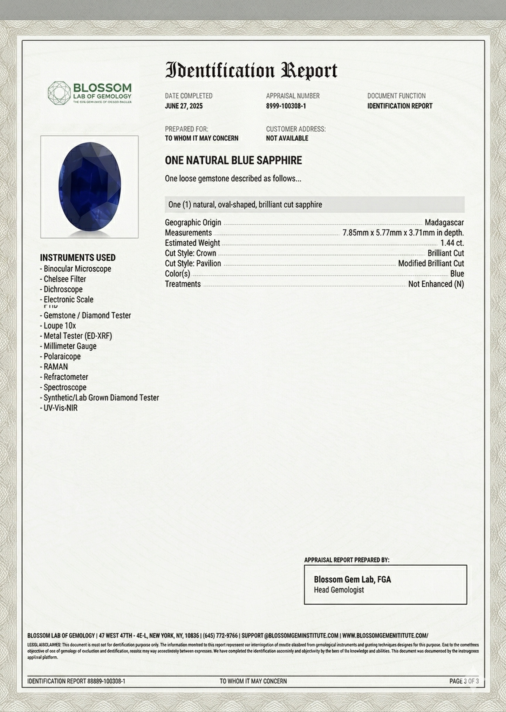 1.44 Ct. Blue Sapphire from Madagascar