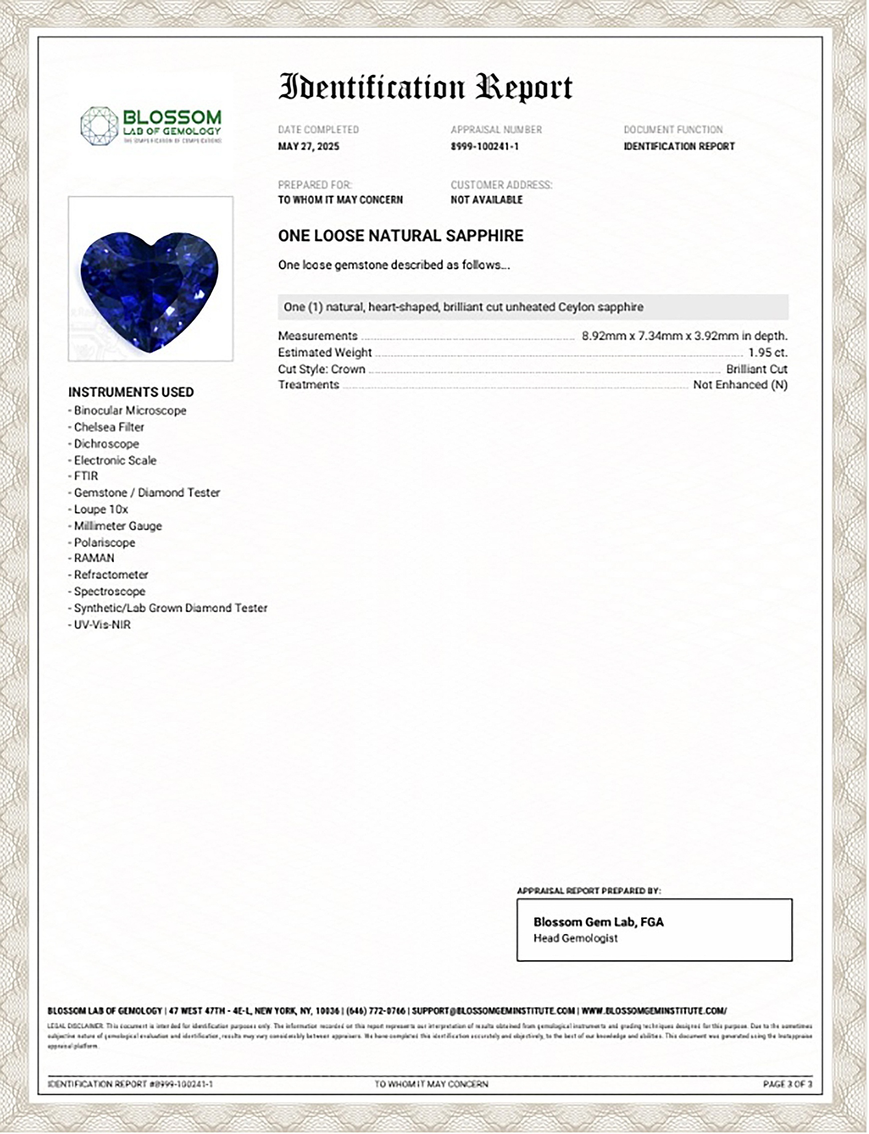 1.95 Ct. Blue Sapphire from Ceylon (Sri Lanka)