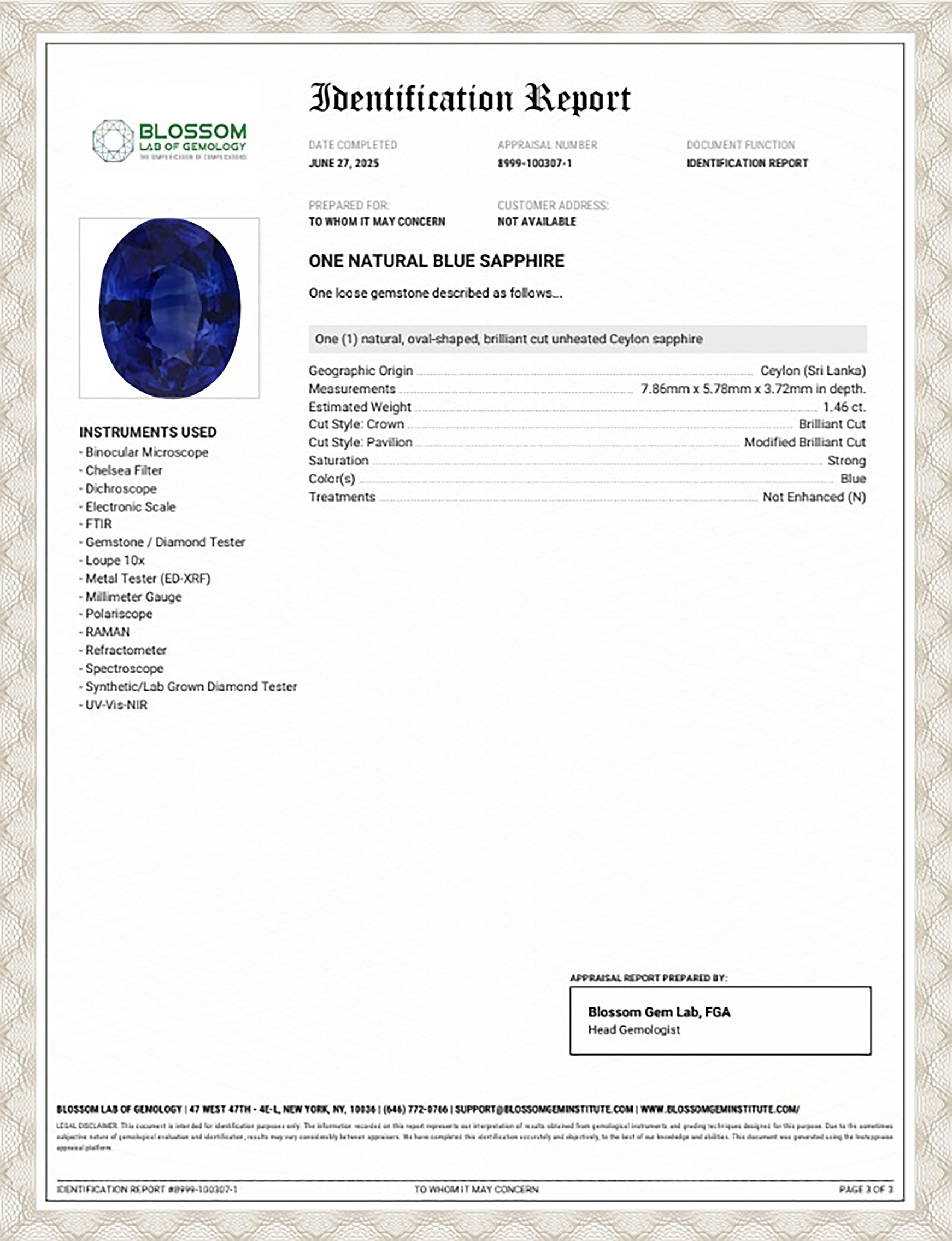 1.46 Ct. Greenish Blue Sapphire from Ceylon (Sri Lanka)