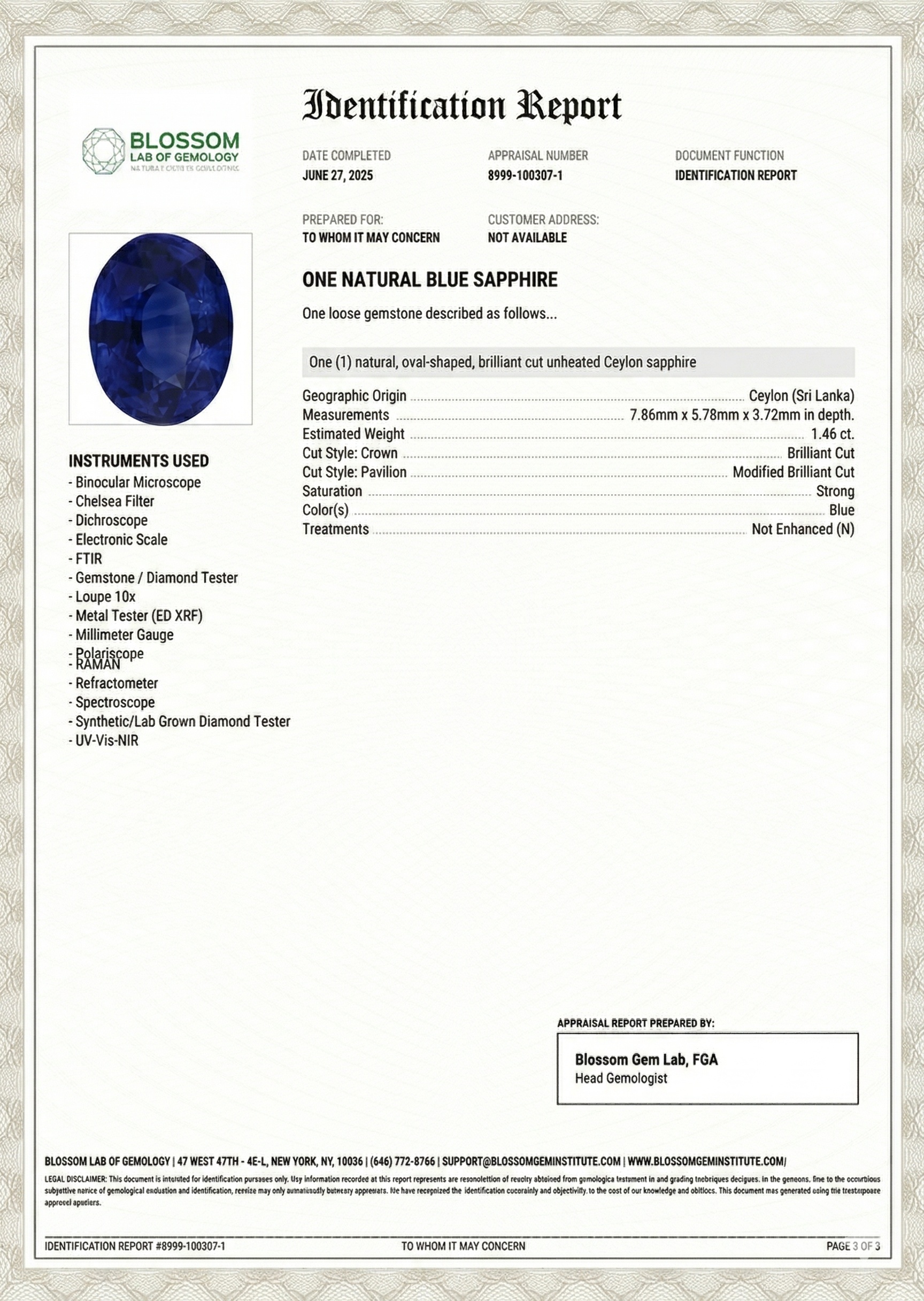 1.46 Ct. Greenish Blue Sapphire from Ceylon (Sri Lanka)