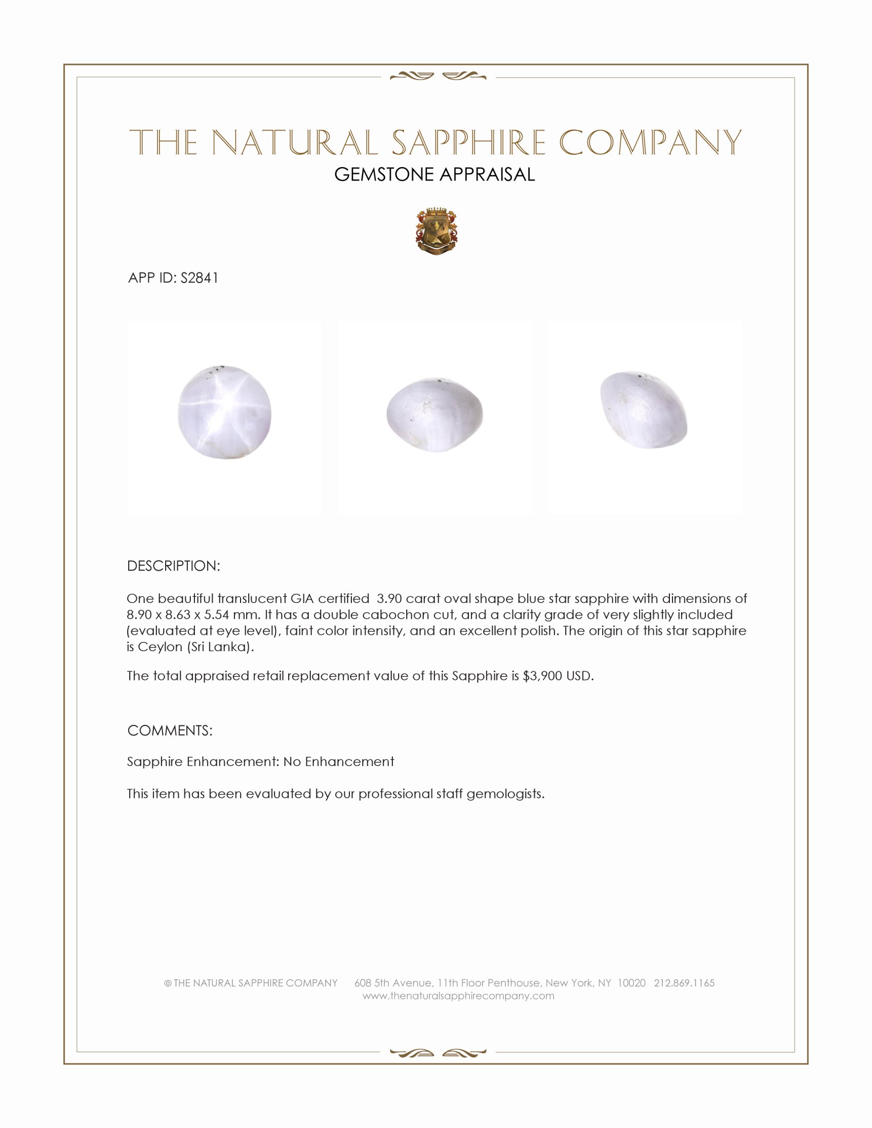 3.90 Ct. Blue Star Sapphire from Ceylon (Sri Lanka)