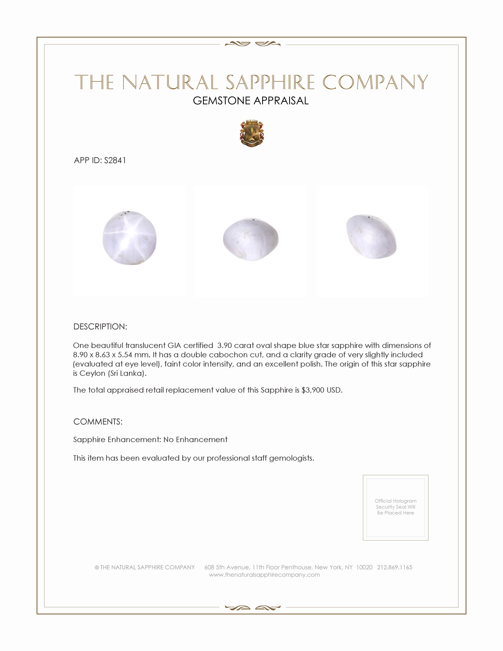 3.90 Ct. Blue Star Sapphire from Ceylon (Sri Lanka)