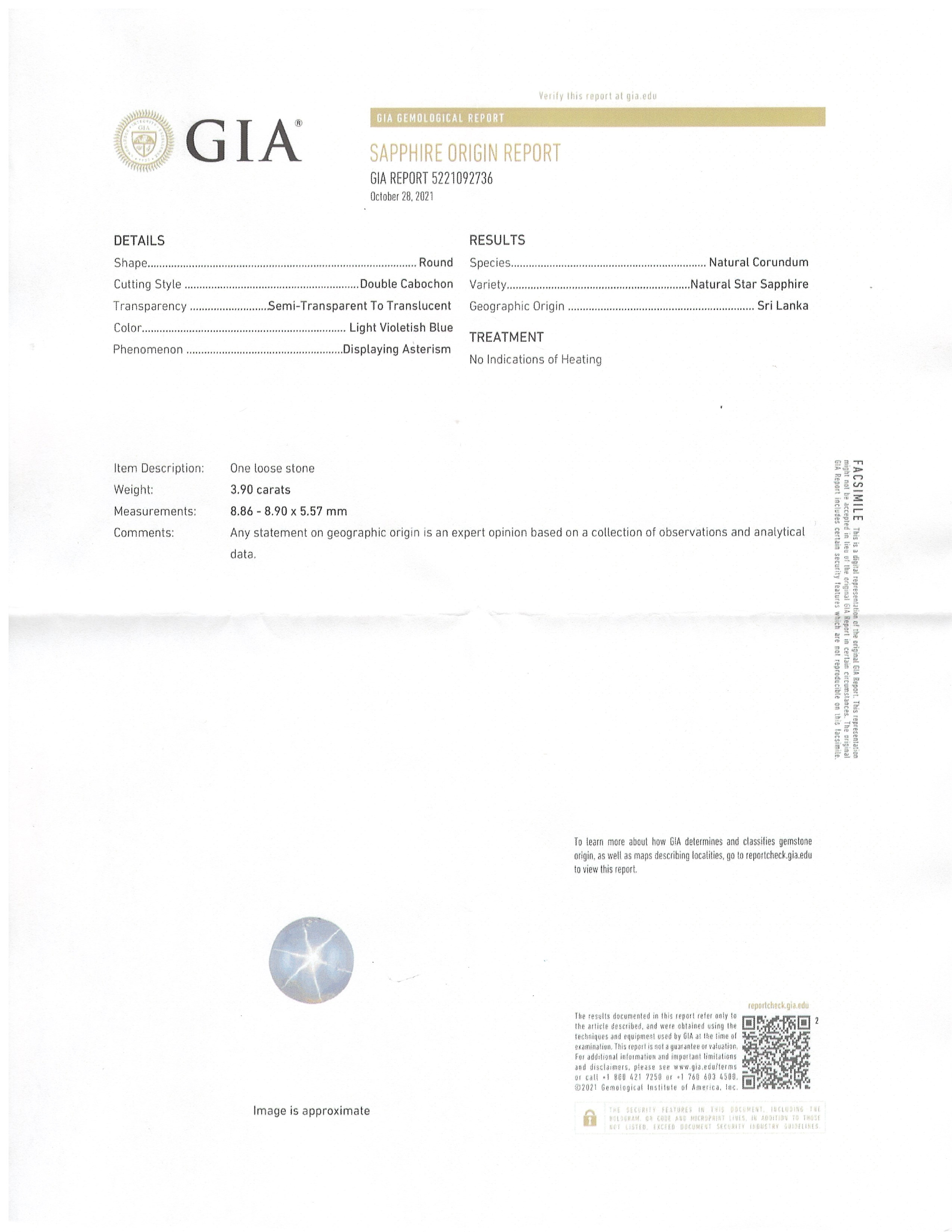 3.90 Ct. Blue Star Sapphire from Ceylon (Sri Lanka)