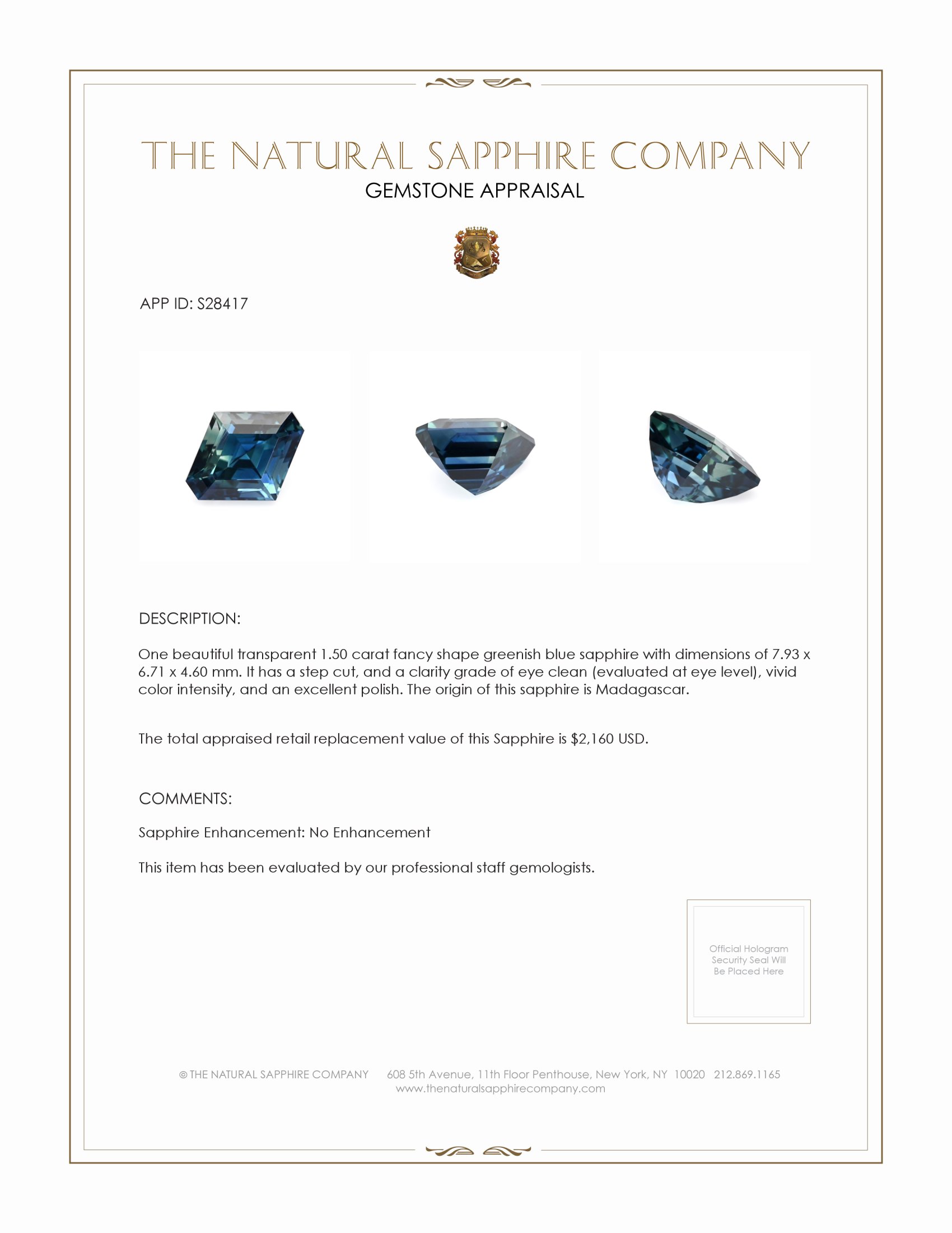 1.50 Ct. Greenish Blue Sapphire from Madagascar