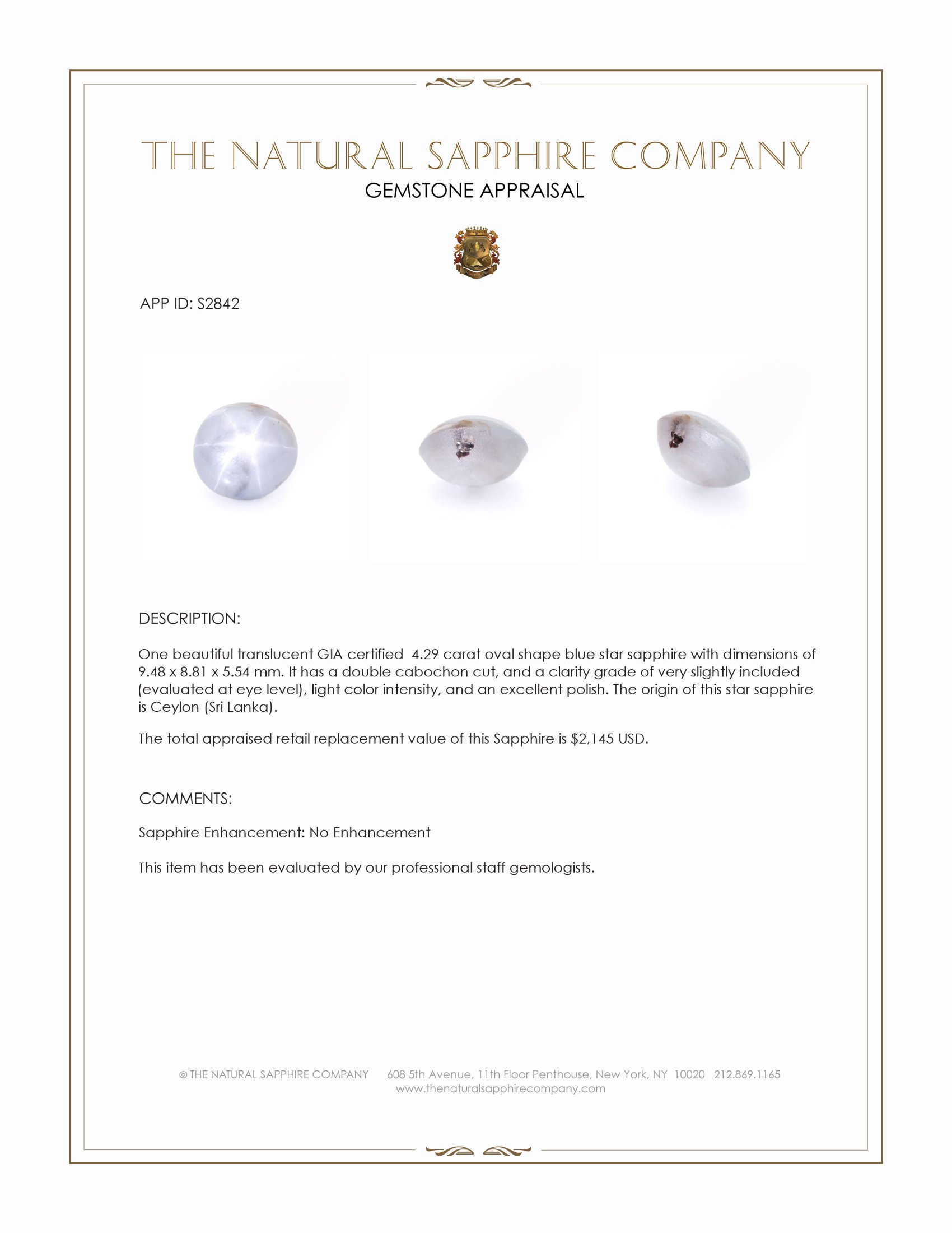 4.29 Ct. Blue Star Sapphire from Ceylon (Sri Lanka)