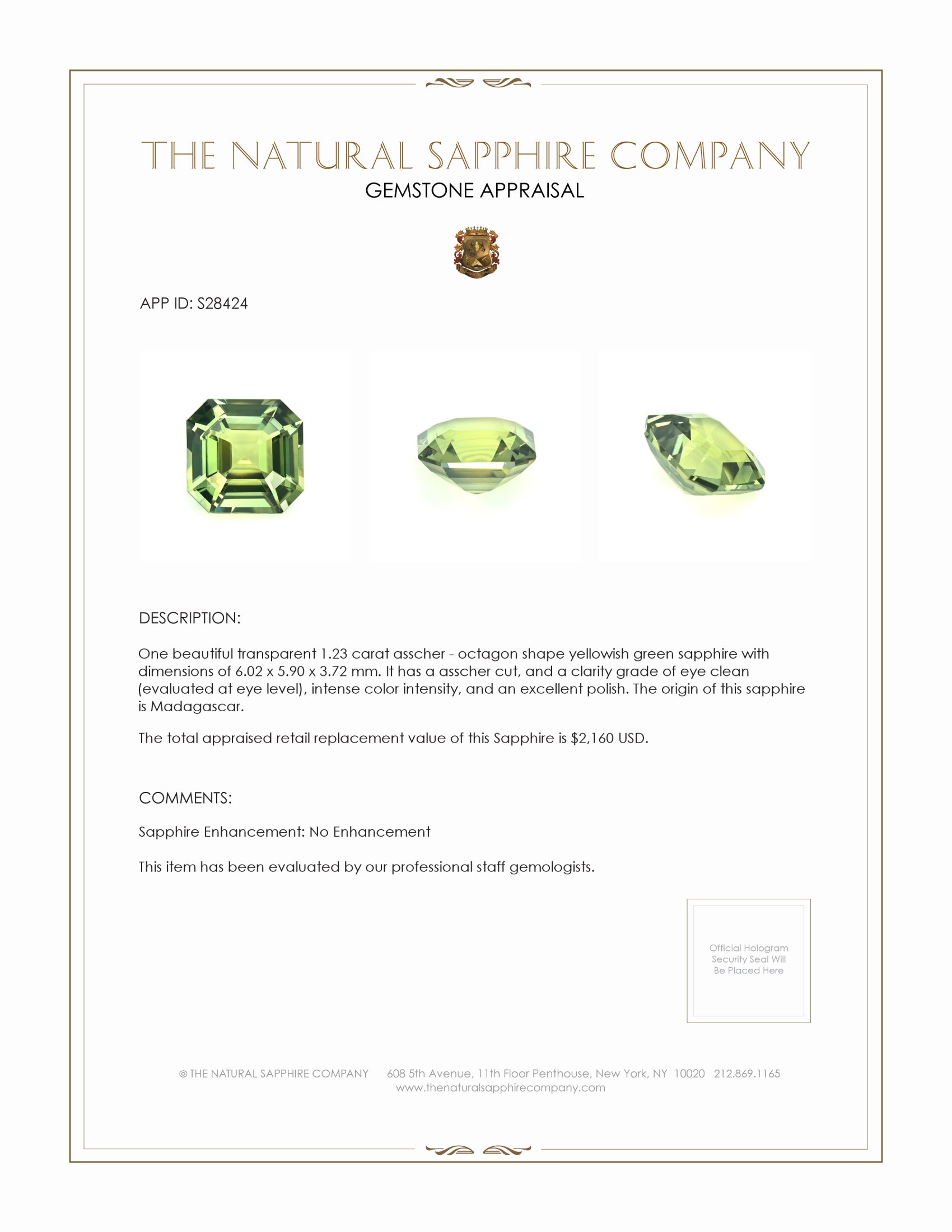 1.23 Ct. Yellowish Green Sapphire from Madagascar