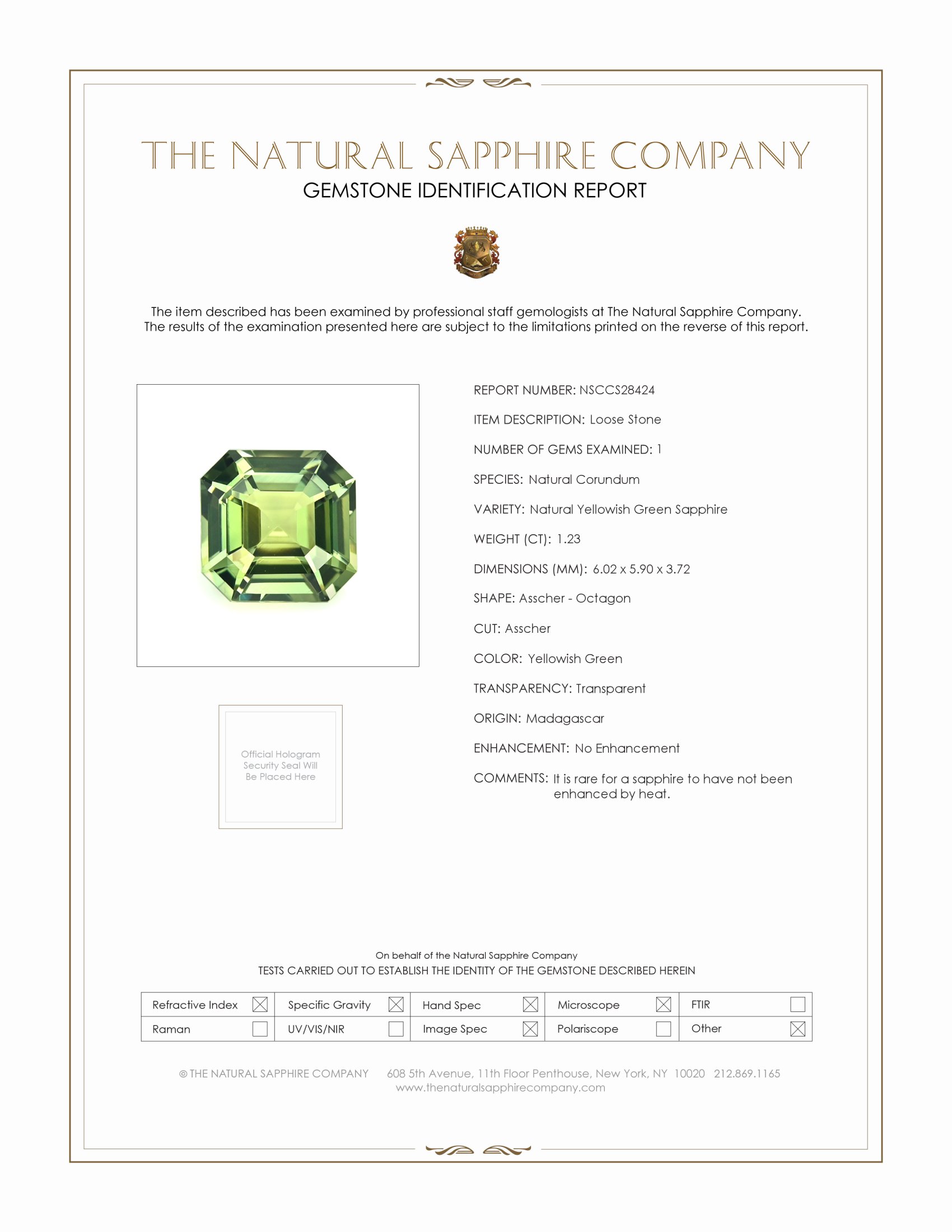 1.23 Ct. Yellowish Green Sapphire from Madagascar