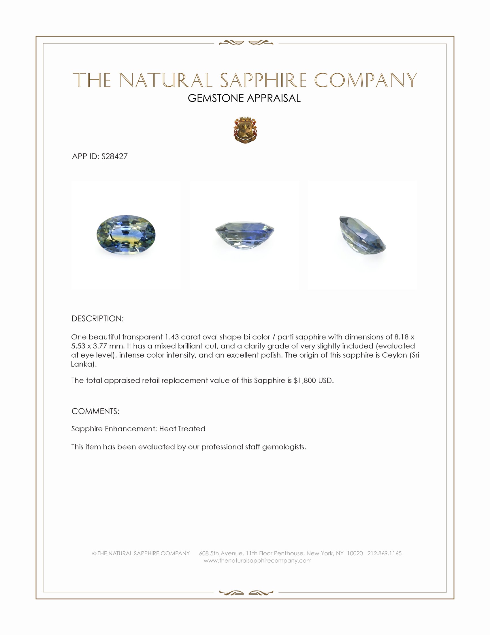 1.43 Ct. Bi Color / Parti Sapphire from Ceylon (Sri Lanka)